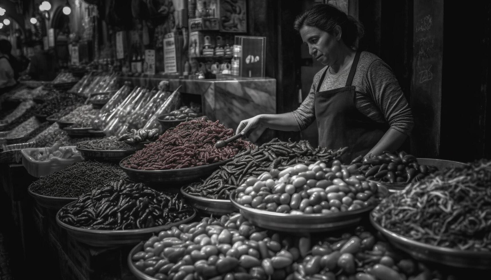 un femme vente Frais biologique fruit à une rue marché généré par ai photo