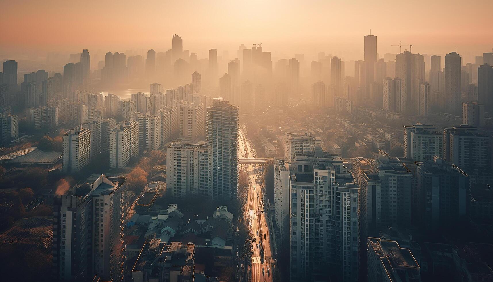 Pékin futuriste horizon brille à crépuscule dans panoramique vue généré par ai photo