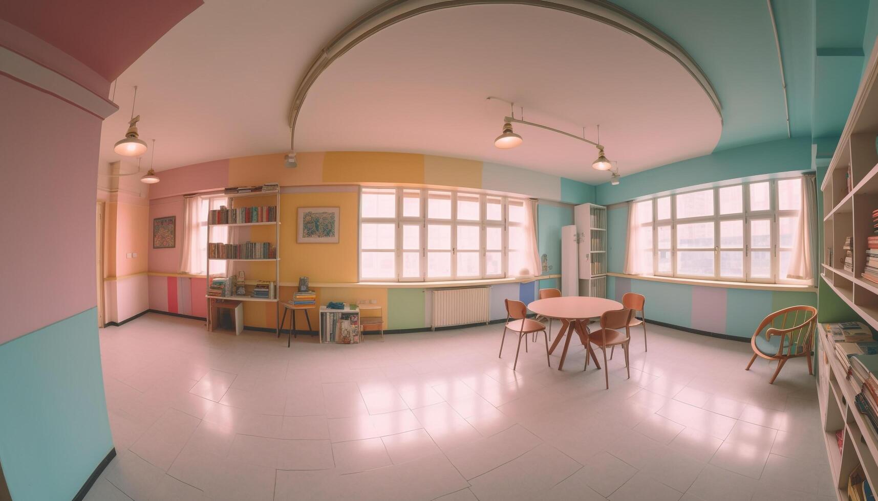 moderne salle de cours avec brillant éclairage, vide étagère à livres, et vert décor généré par ai photo