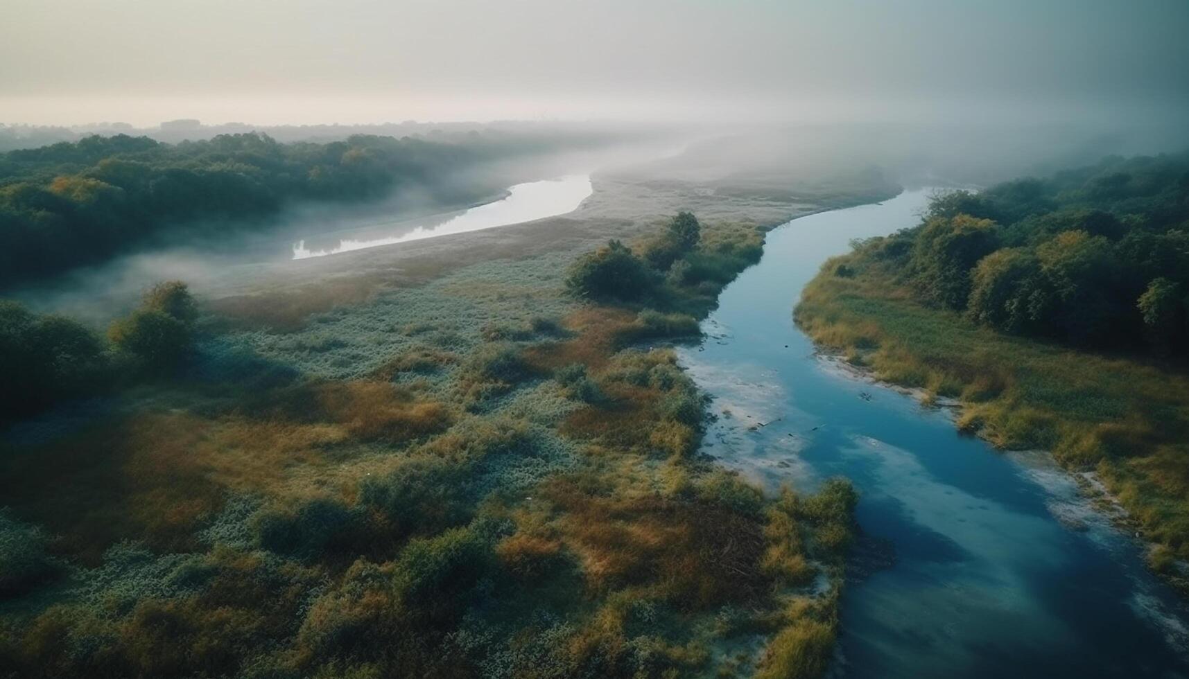 aérien vue de majestueux Montagne gamme, bleu ciels et les forêts généré par ai photo