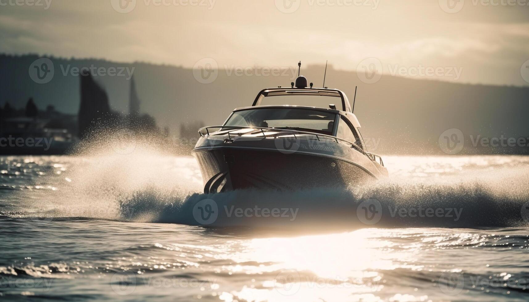 vedette voile sur bleu vagues, luxe yacht pour été les vacances généré par ai photo