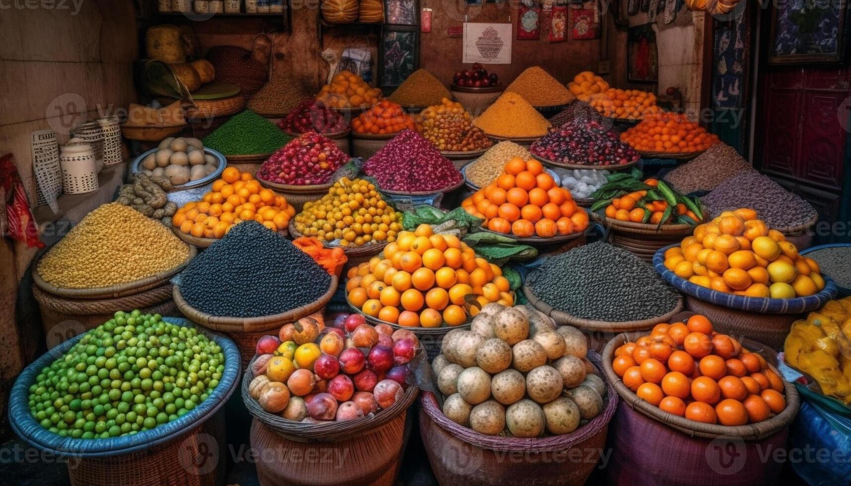 frais, coloré des fruits et des légumes pour vente à rue marché généré par ai photo