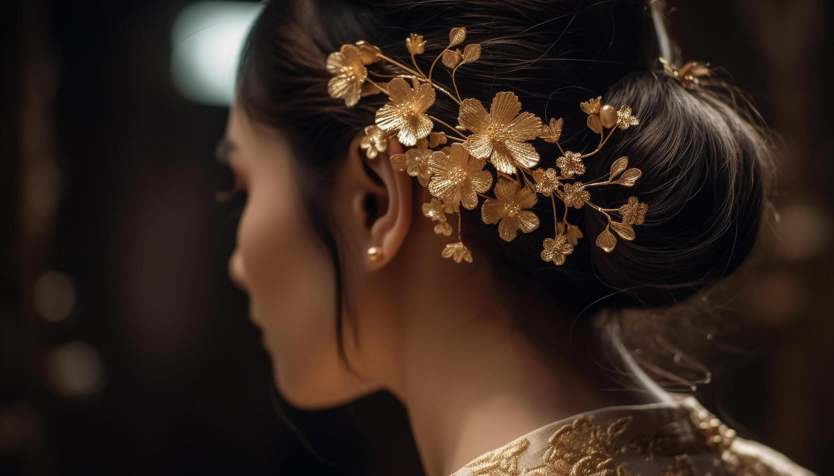 un Jeune femme, souriant, à la recherche magnifique dans sa mariage robe généré par ai photo