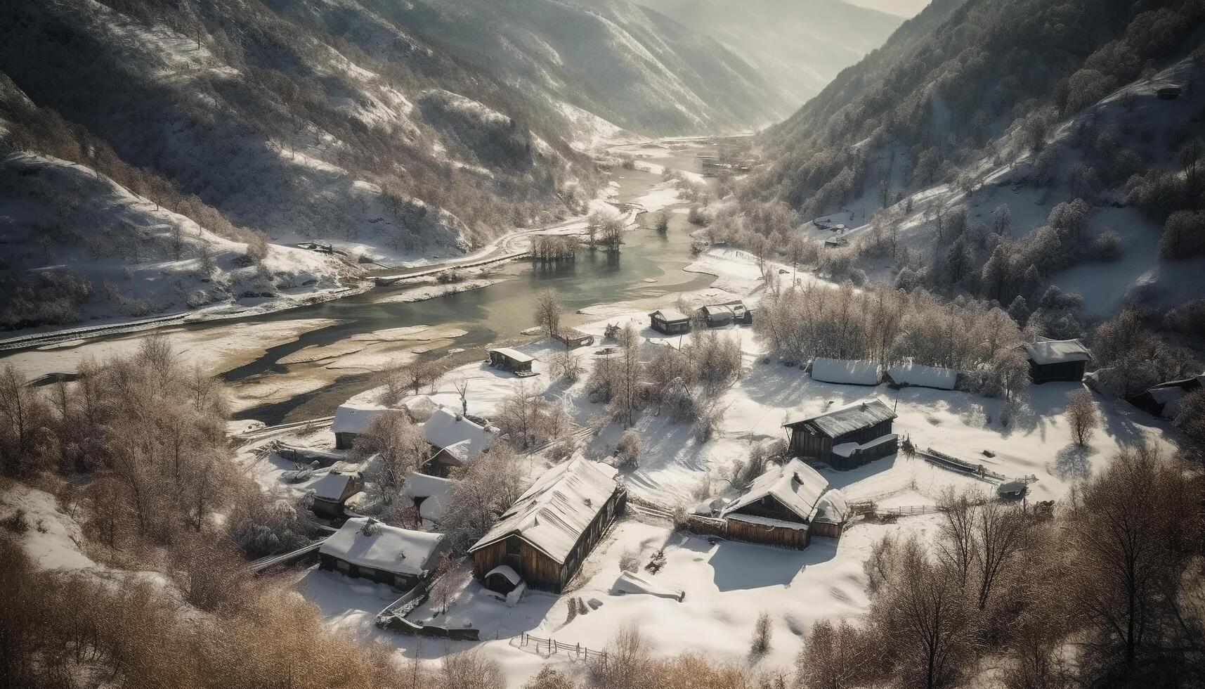 au dessus le tranquille hiver paysage, le Montagne de pointe brille bleu généré par ai photo