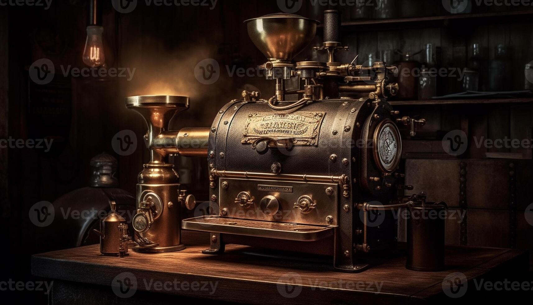rustique café magasin les usages antique machinerie à brasser Frais cappuccino généré par ai photo