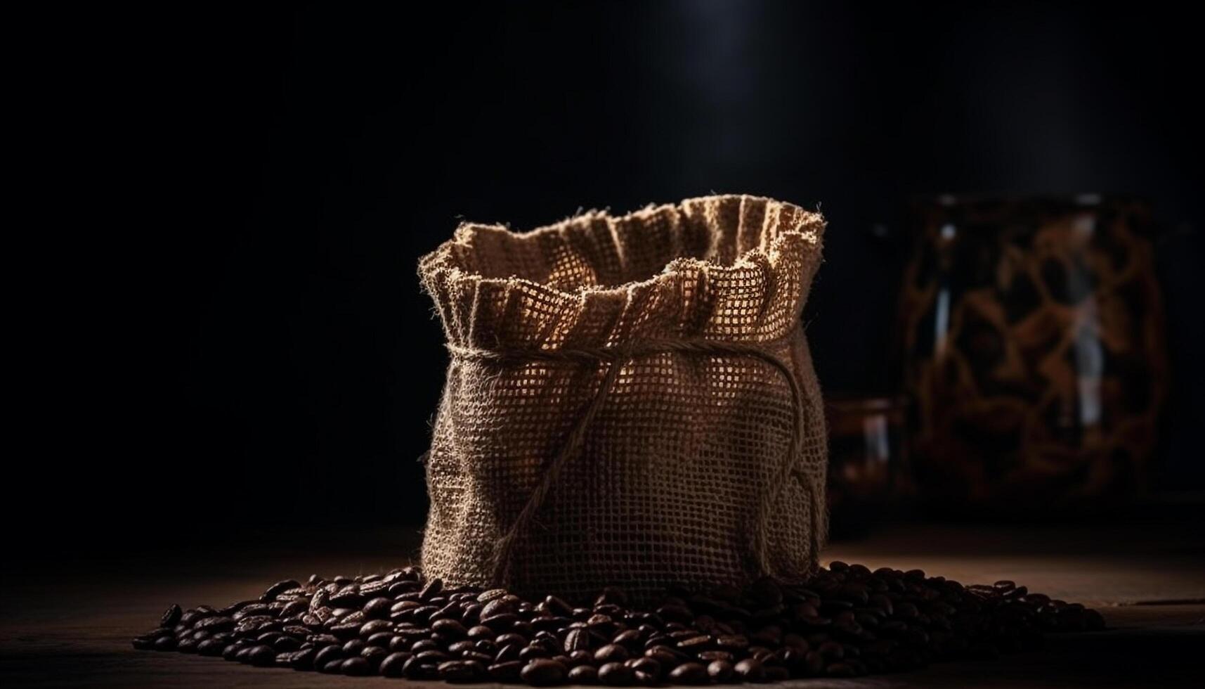 biologique café des haricots dans toile de jute sac, rustique encore la vie conception généré par ai photo