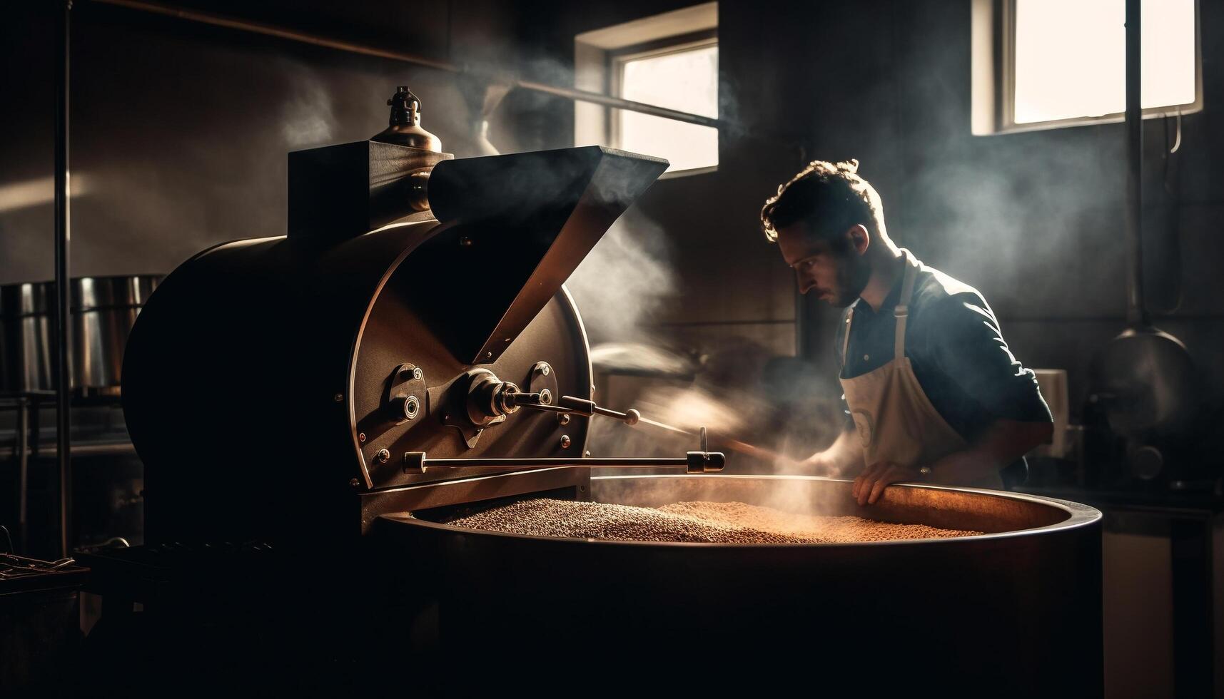 un homme, permanent dans une commercial cuisine, en train de préparer nourriture habilement généré par ai photo