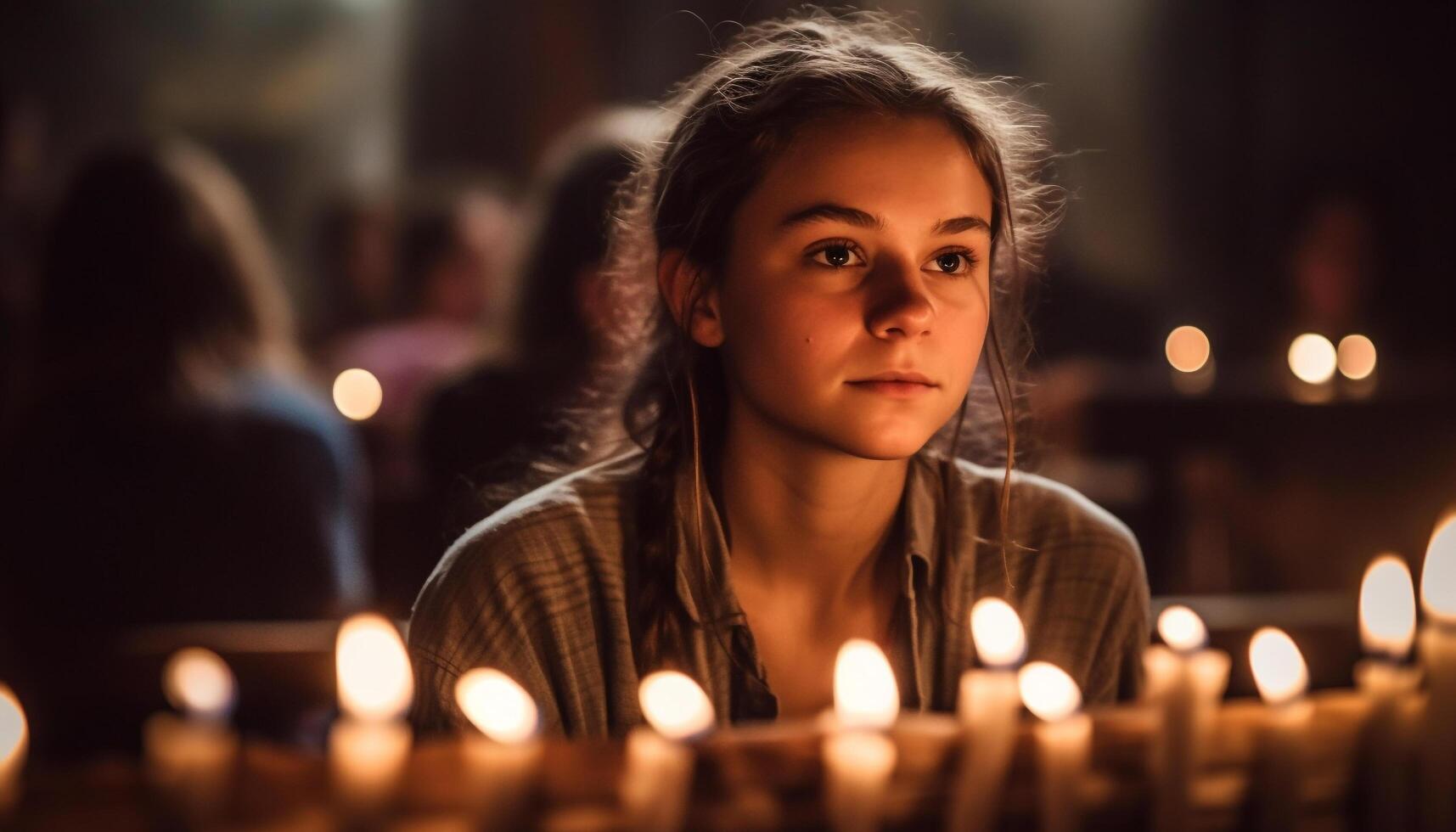 un Jeune femme méditer, en portant bougie, profiter serein solitude généré par ai photo