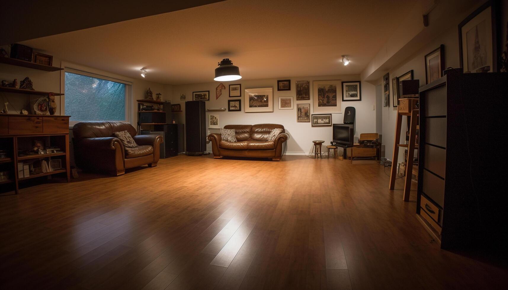 moderne luxe vivant pièce avec élégant bois sol et éclairage généré par ai photo