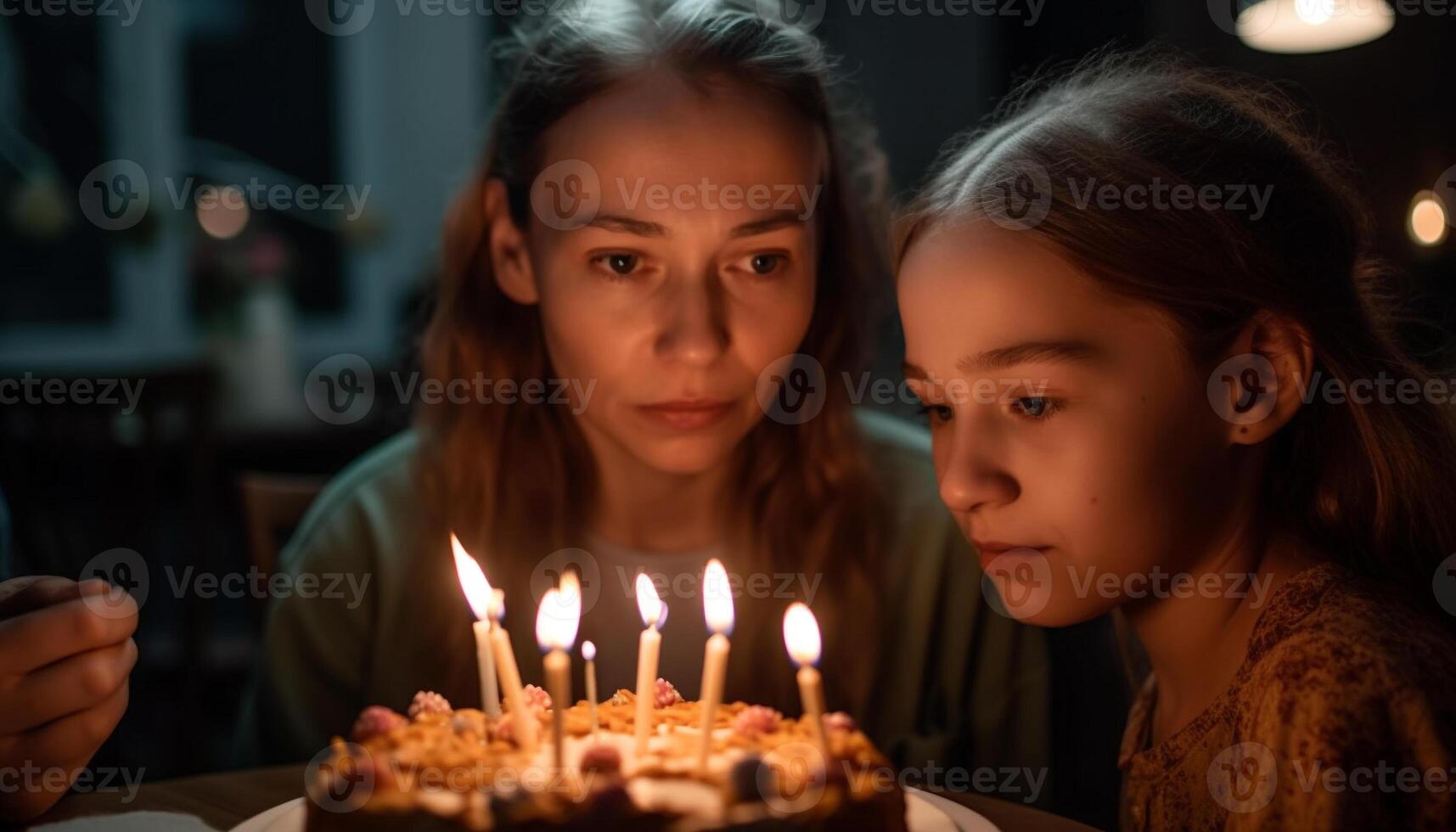 deux mignonne les filles souriant, célébrer anniversaire avec a la chandelle gâteau à l'intérieur généré par ai photo