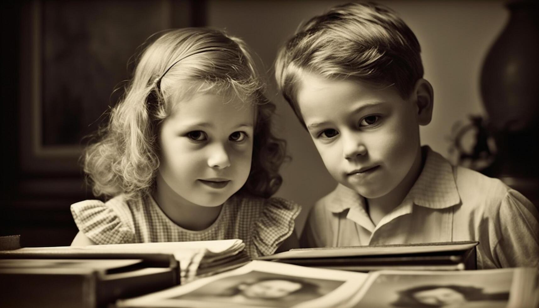 deux mignonne garçons et les filles en train d'étudier Littérature dans élémentaire école généré par ai photo