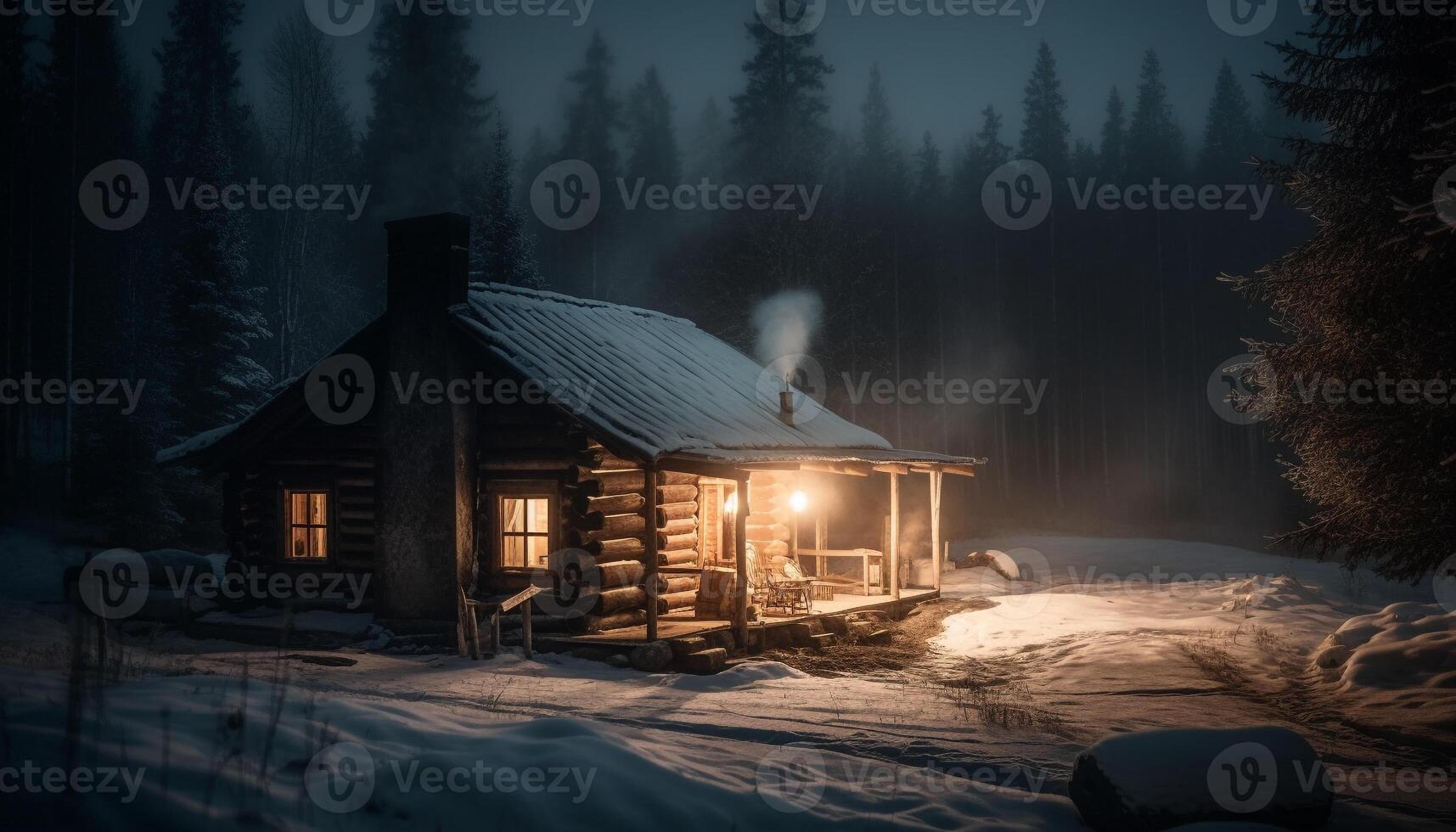 effrayant Journal cabine dans hiver forêt illuminé par laiteux façon généré par ai photo