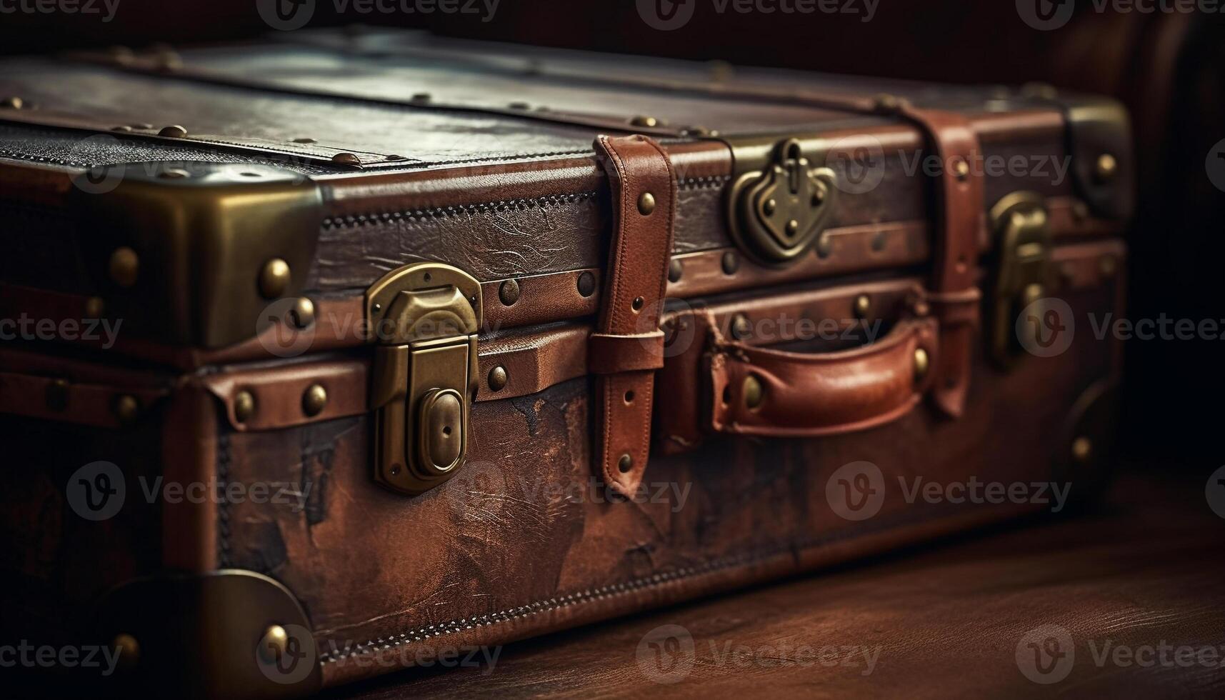 antique cuir valise, rouillé serrure, patiné gérer, en quittant pour aventure généré par ai photo