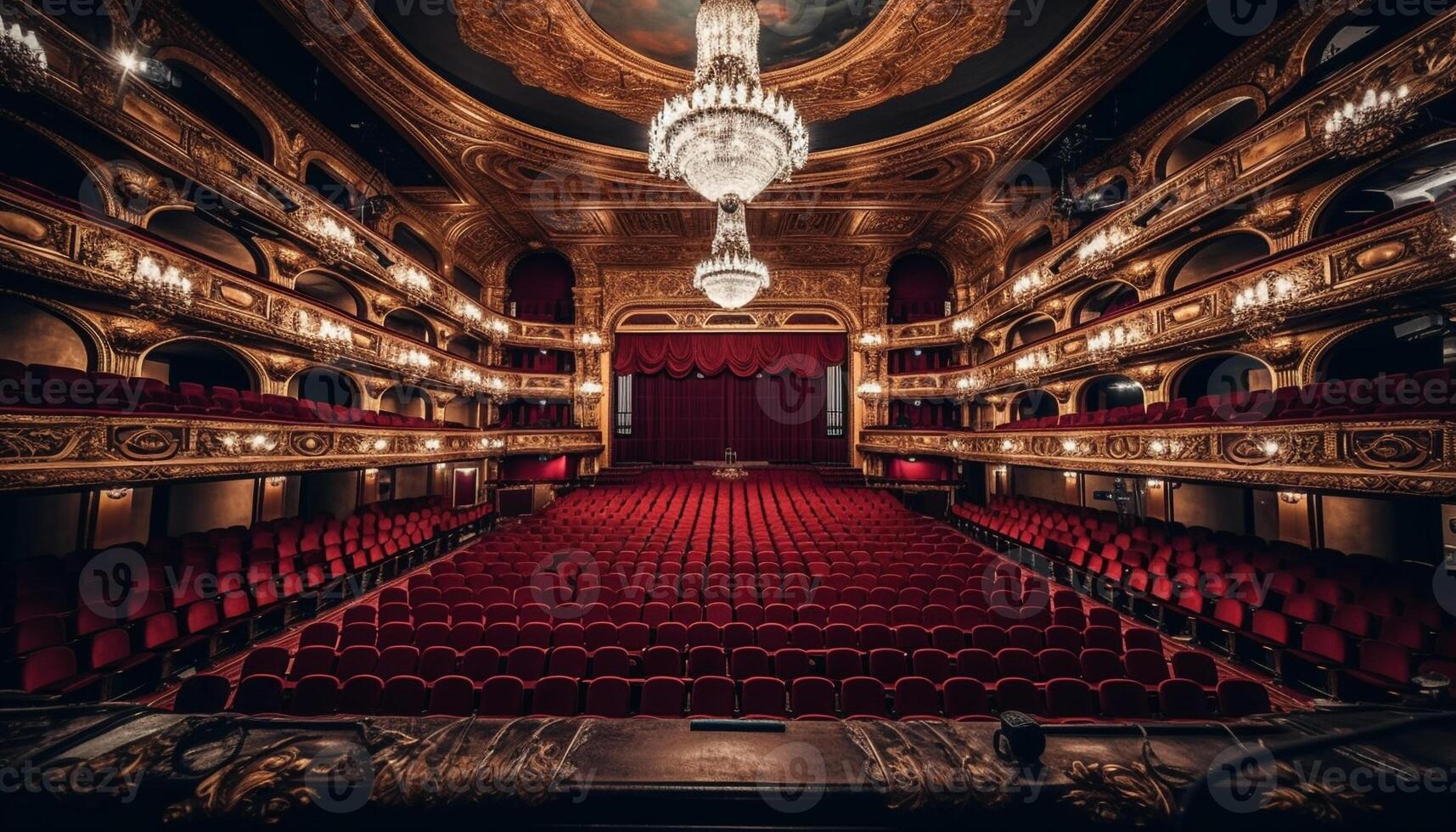 le majestueux théâtre élégant architecture et velours des places éclairer les performances généré par ai photo