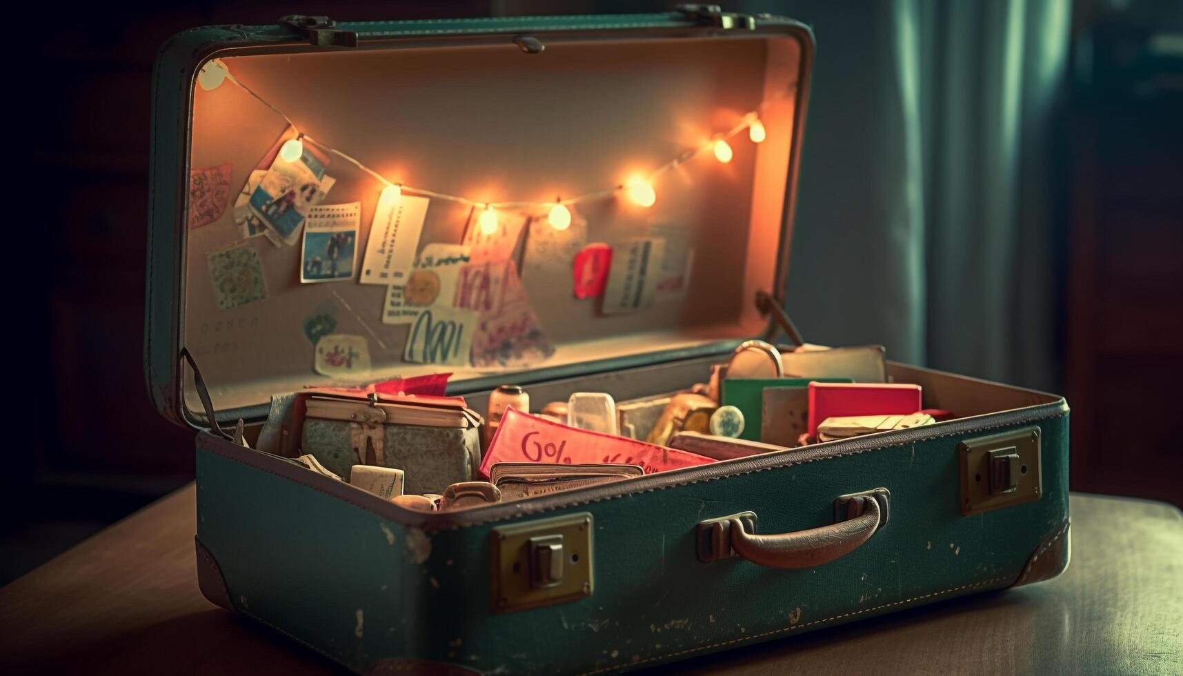 un vieux façonné valise sur une en bois tableau, une Voyage aventure attend généré par ai photo