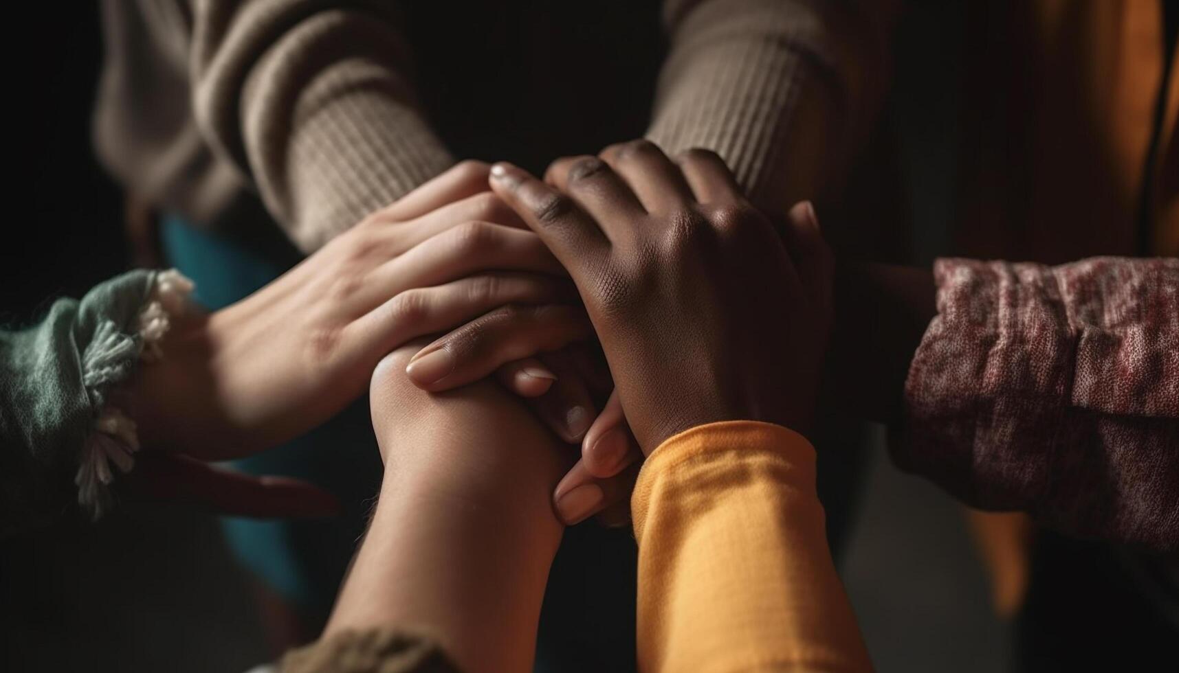 une multi ethnique groupe de adultes en portant mains dans solidarité généré par ai photo