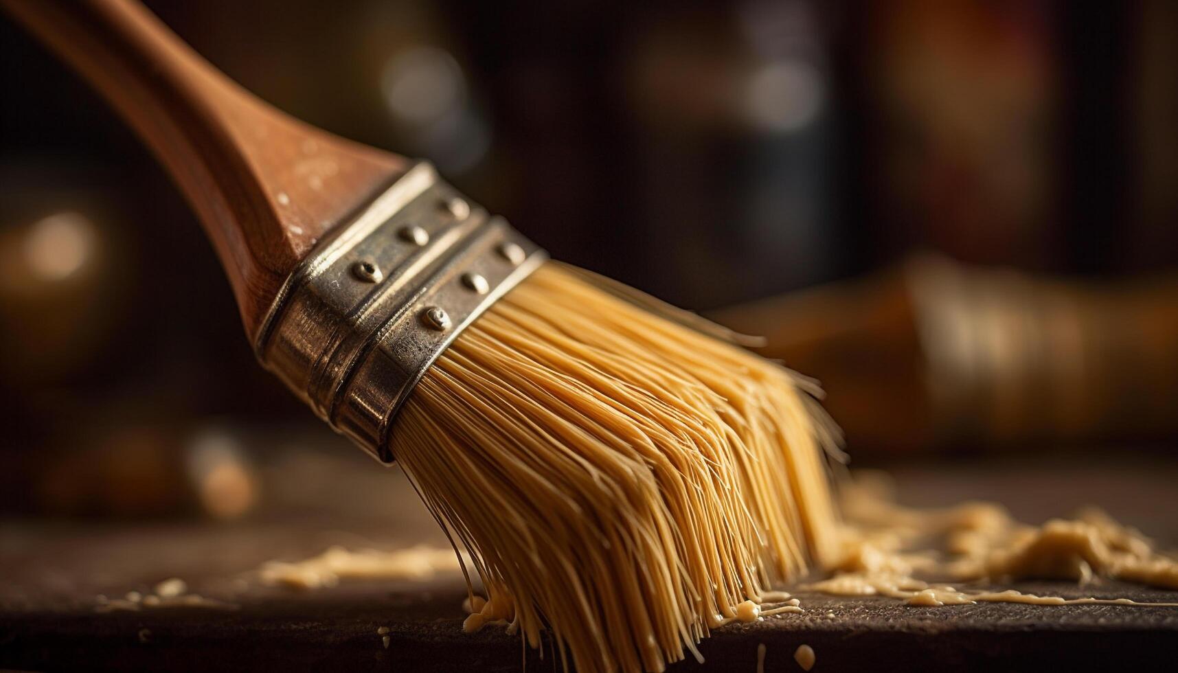 un vieux pinceau sur une en bois tableau, plein de la créativité généré par ai photo