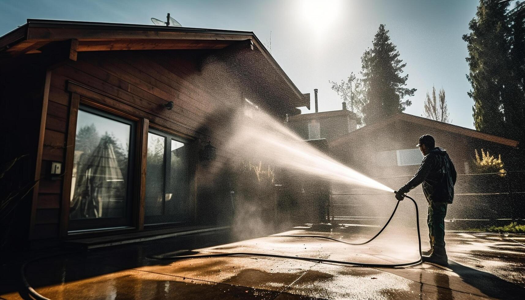 un la personne pulvérisation l'eau sur brûlant bâtiment avec Feu tuyau généré par ai photo