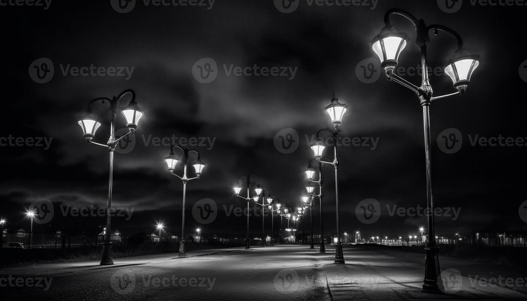 le électrique lumière illumine le foncé ville rue à nuit généré par ai photo