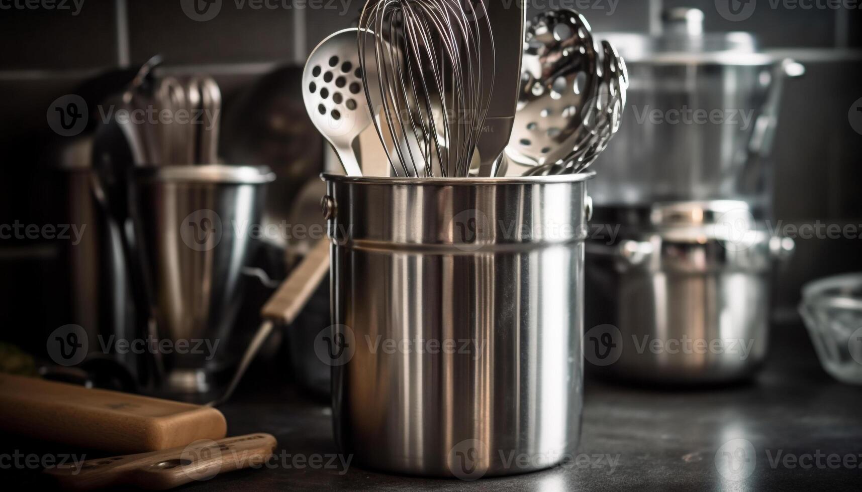 brillant métallique cuisine ustensile ensemble sur en bois table avec passoire généré par artificiel intelligence photo