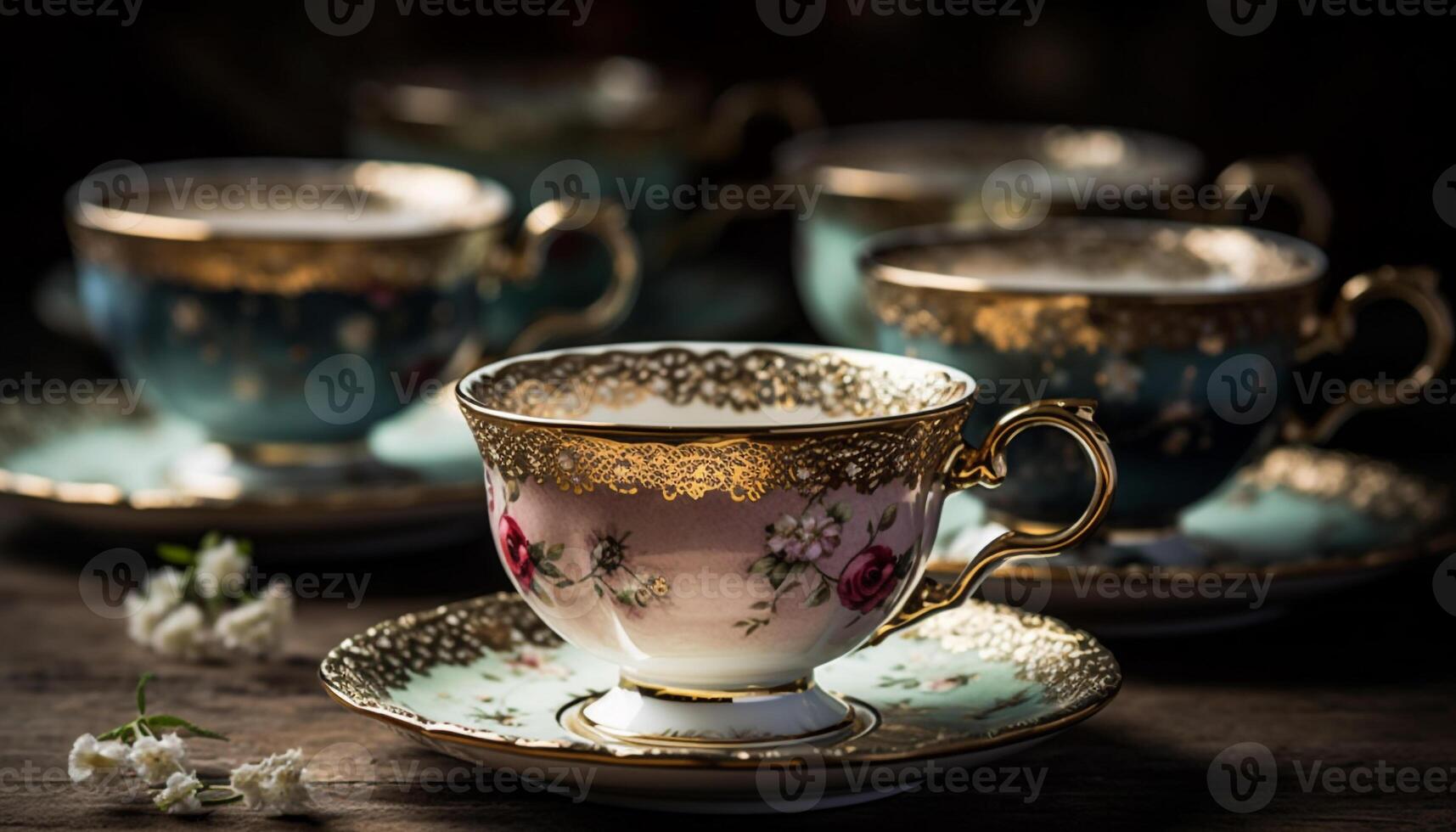 un élégant encore la vie de vieux façonné poterie café tasses empilés haute généré par artificiel intelligence photo