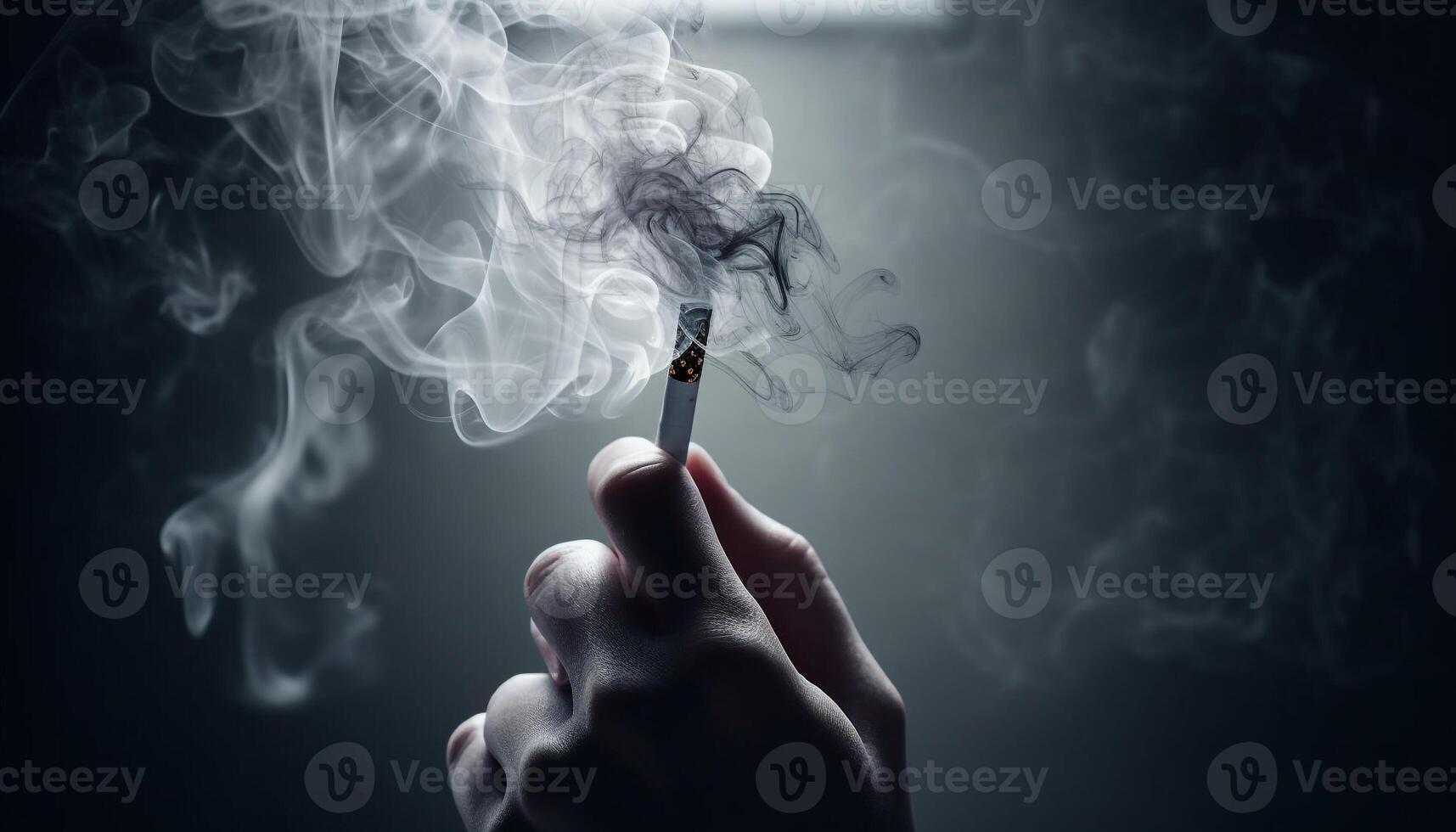 brûlant cigarette tenue par main, fumeur dépendance pose danger généré par ai photo