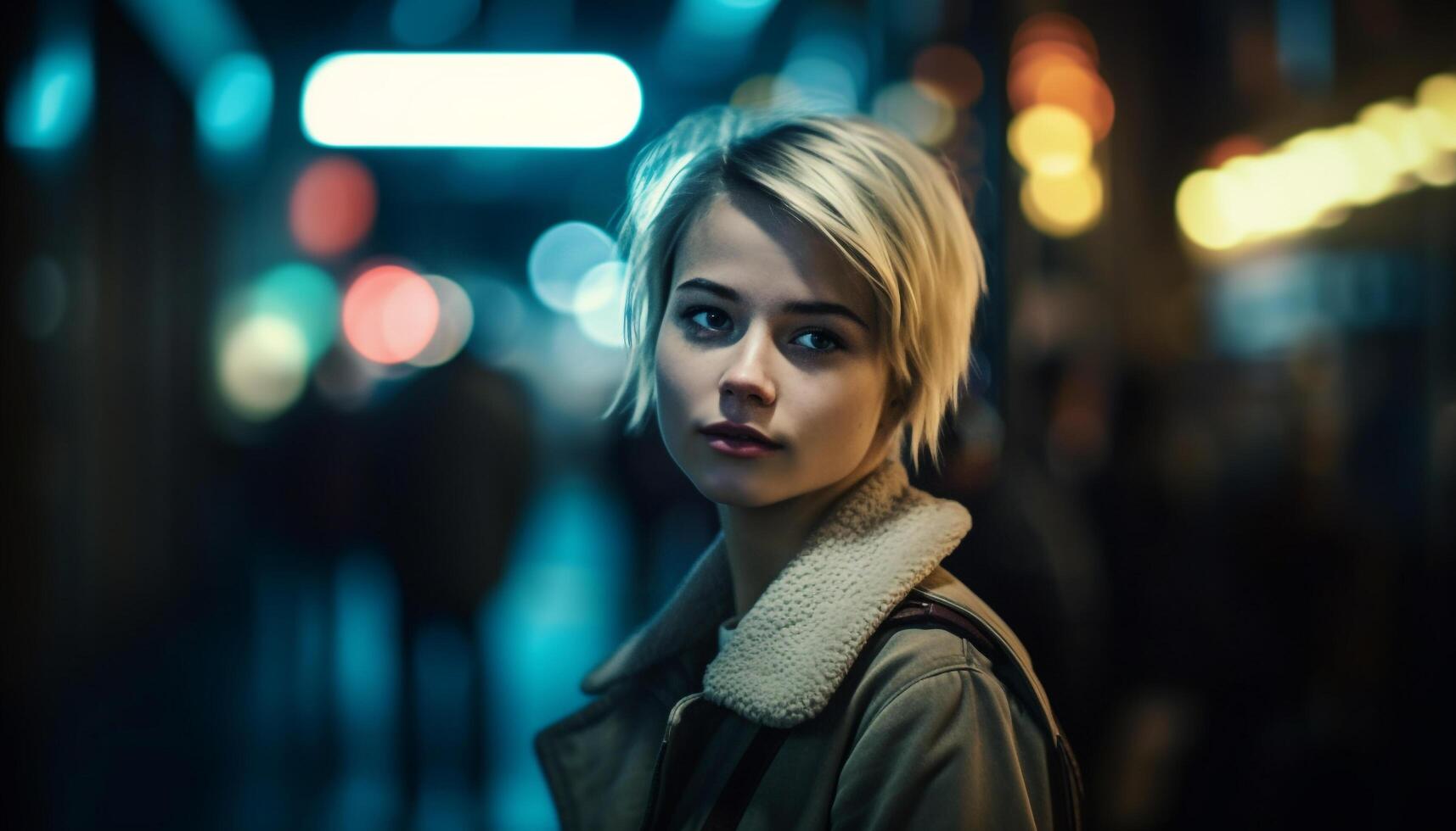 un à la mode Jeune femme, illuminé par rue lumière, souriant en toute confiance généré par ai photo