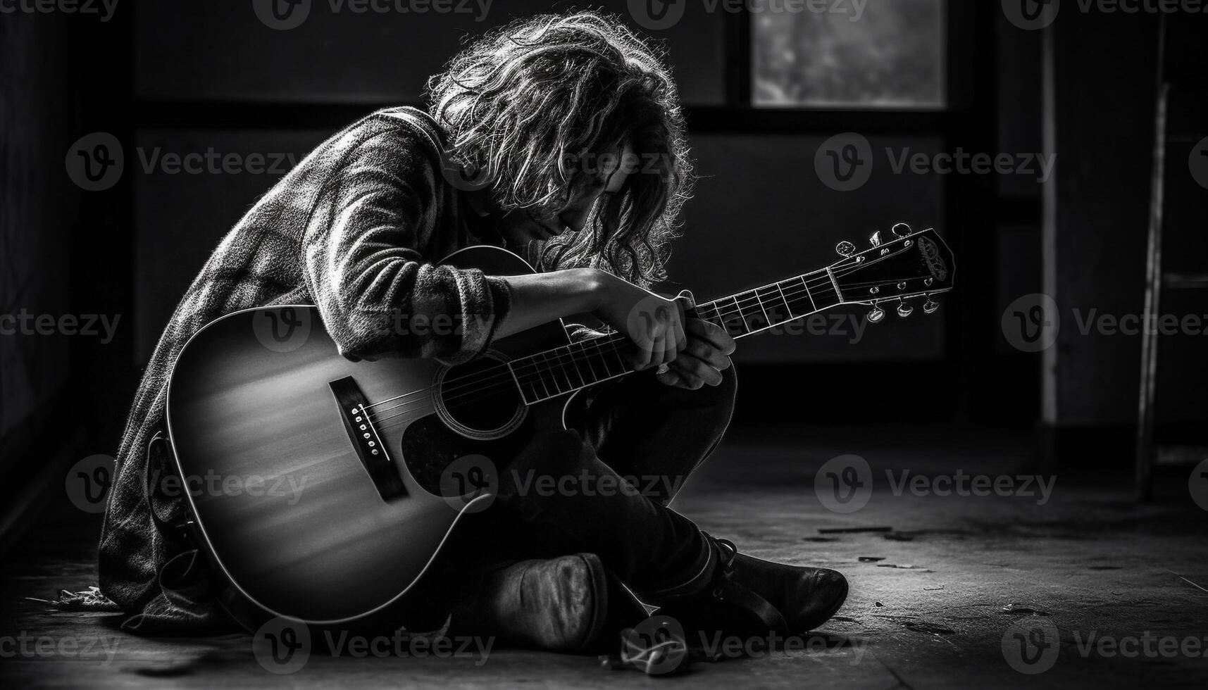 le qualifié musicien cueille le sien guitare, pratiquant pour le sien performance généré par ai photo