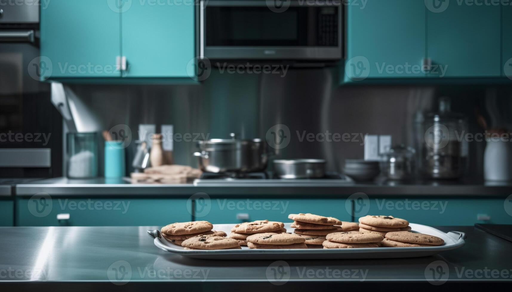 fraîchement cuit Chocolat puce biscuits sur moderne cuisine compteur généré par ai photo