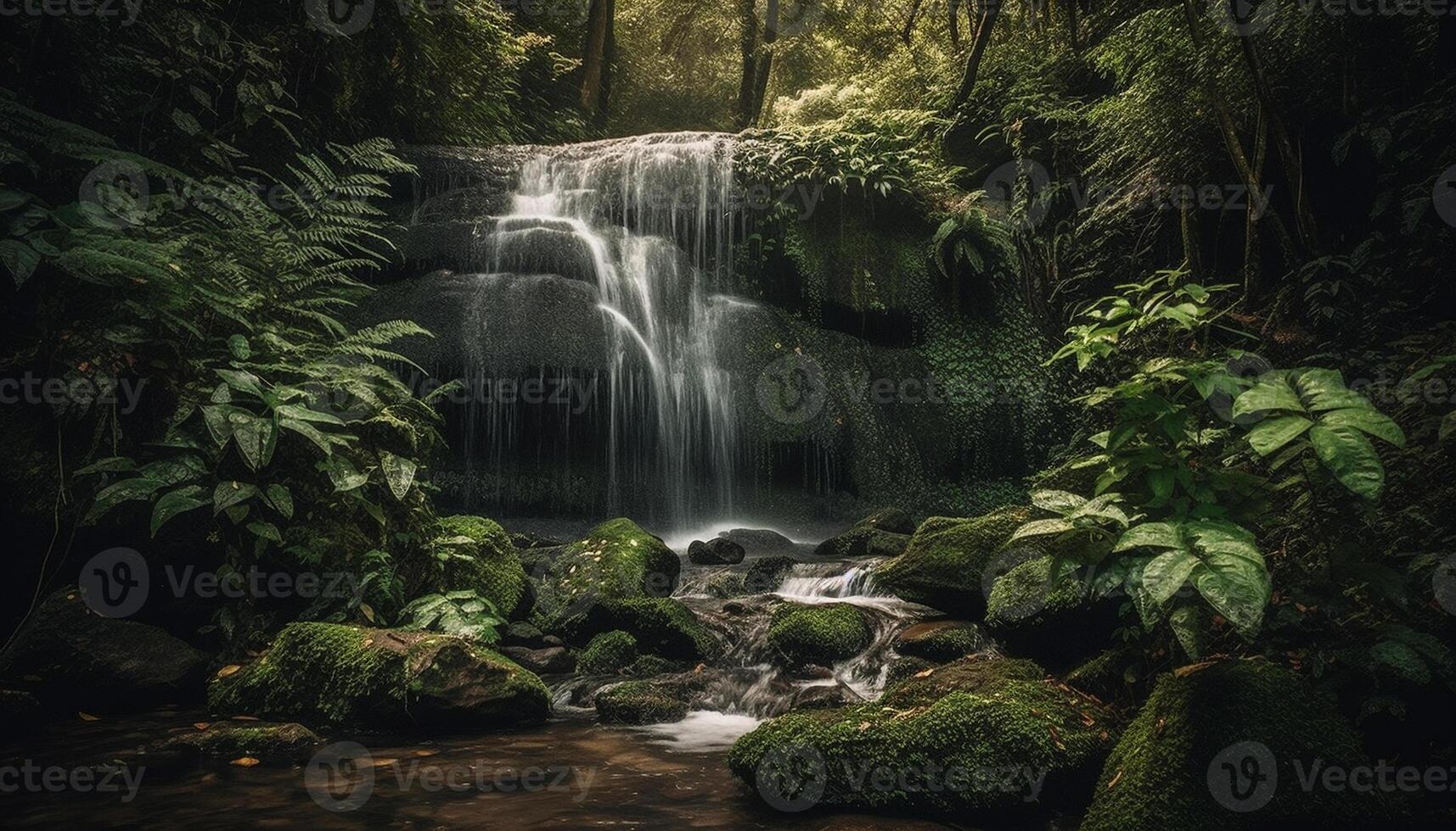 tranquille scène de écoulement l'eau dans tropical forêt tropicale paysage généré par ai photo