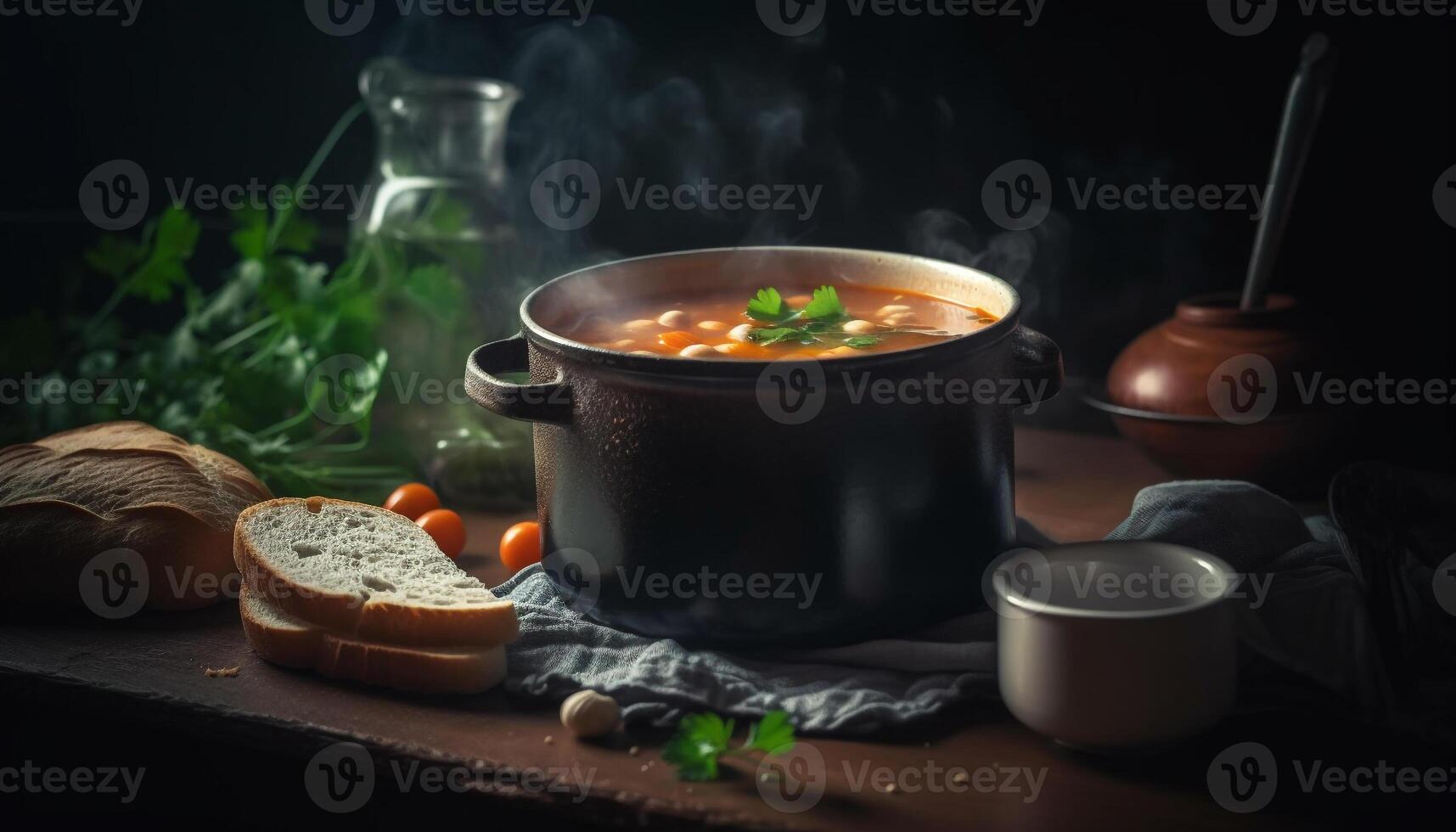 rustique soupe repas avec Frais des légumes et fait maison pain généré par ai photo