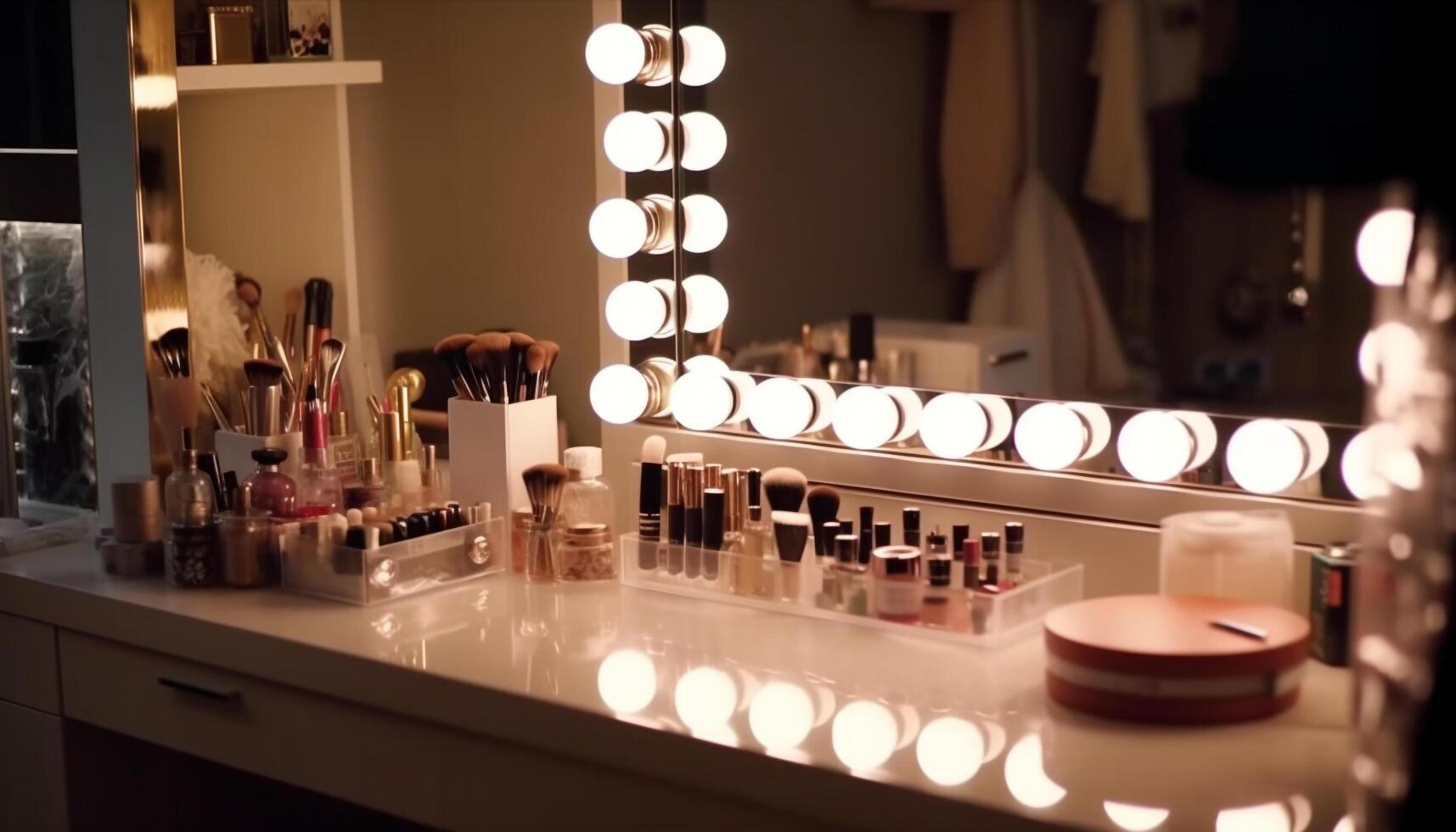 moderne luxe salle de bains collection beauté des produits, bougies, et embrasé éclairage généré par ai photo