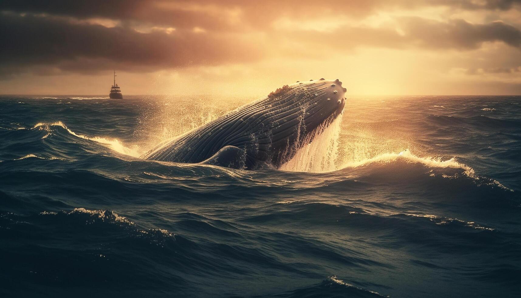 majestueux à bosse baleine éclabousser dans le bleu paysage marin à le coucher du soleil généré par ai photo