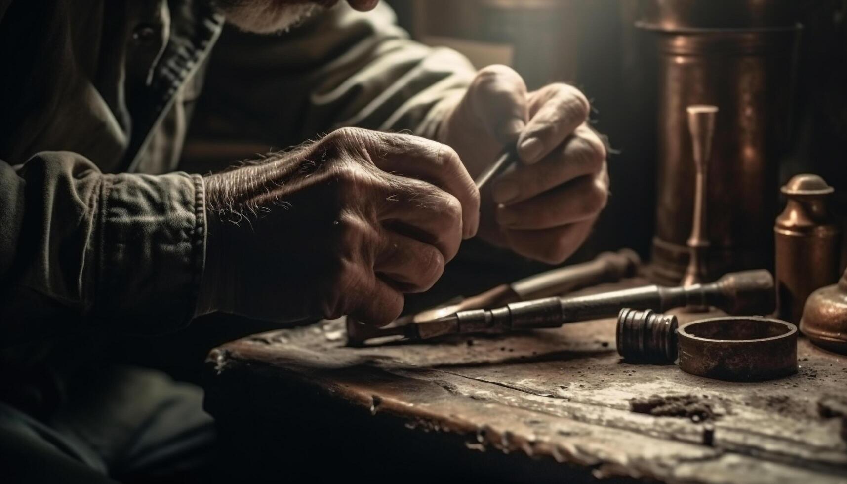 un qualifié homme artisanat cuir avec main outil à l'intérieur généré par ai photo