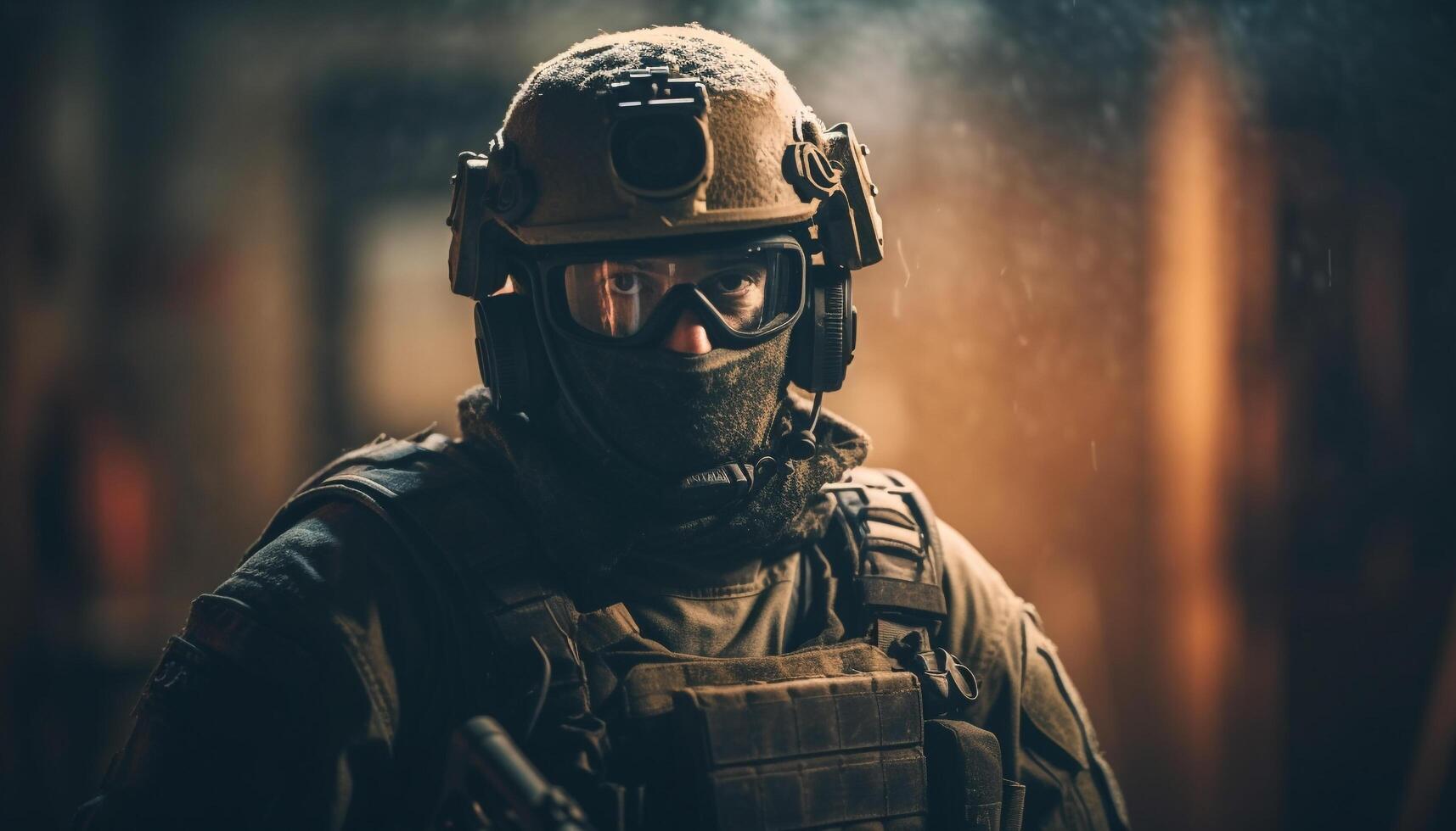 armée soldat objectifs fusil, portant uniforme et protecteur lunettes en plein air généré par ai photo