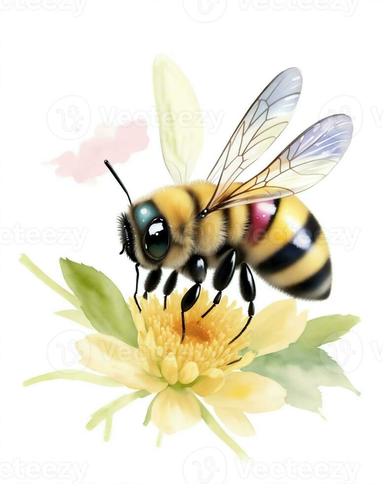 abeille sur une fleur sur une blanc Contexte aquarelle graphique photo