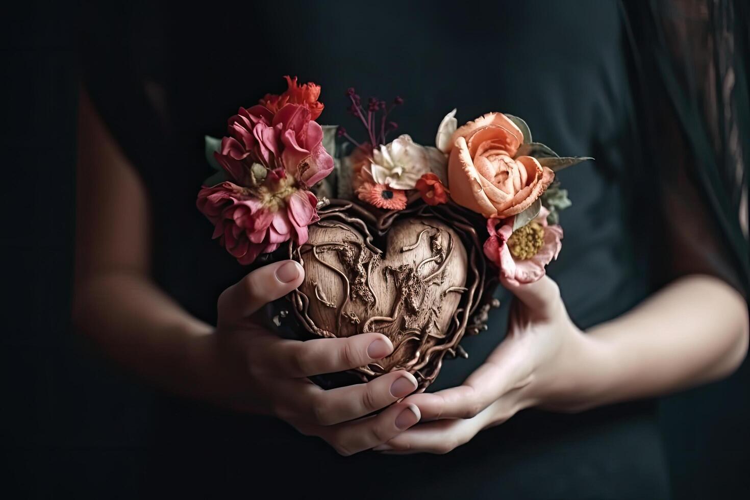 magnifique bouquet dans le mains de une fille dans une noir robe, mains en portant cœur avec fleurs aimer, ai généré photo