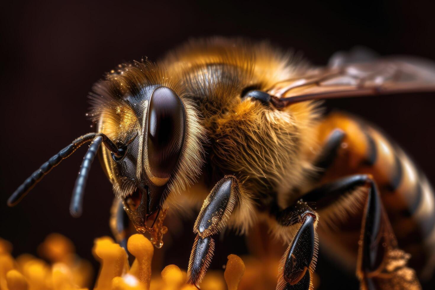 proche en haut de une abeille sur une fleur. peu profond profondeur de champ. proche en haut de une abeille collecte Miel, ai généré photo