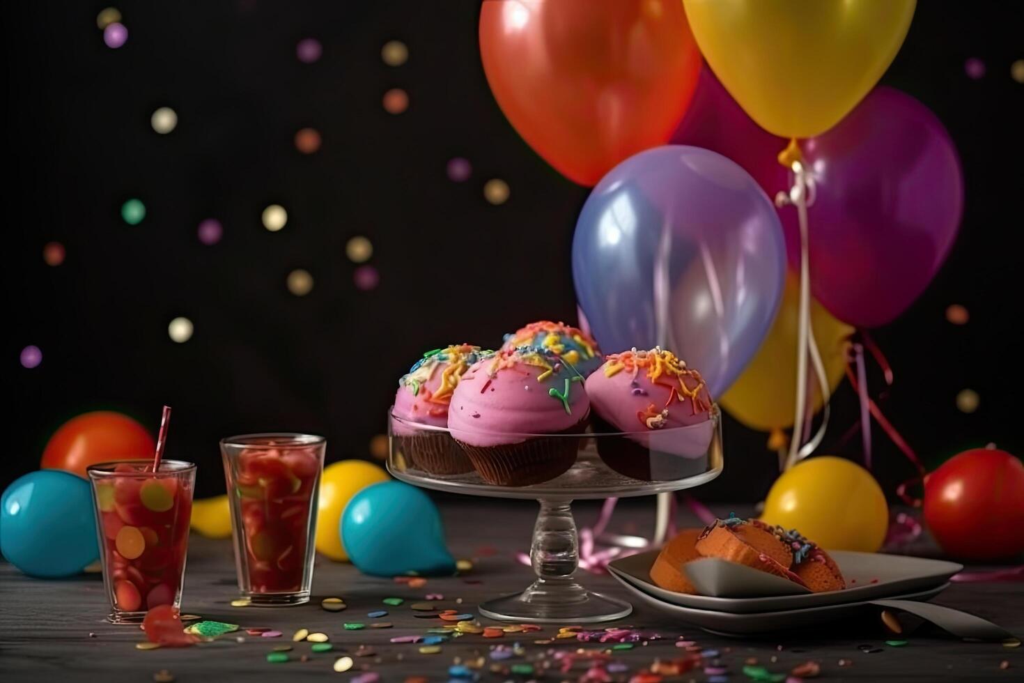 anniversaire petits gâteaux et coloré des ballons sur une noir Contexte. copie espace. coloré anniversaire fête des ballons avec confettis et gâteau , ai généré photo