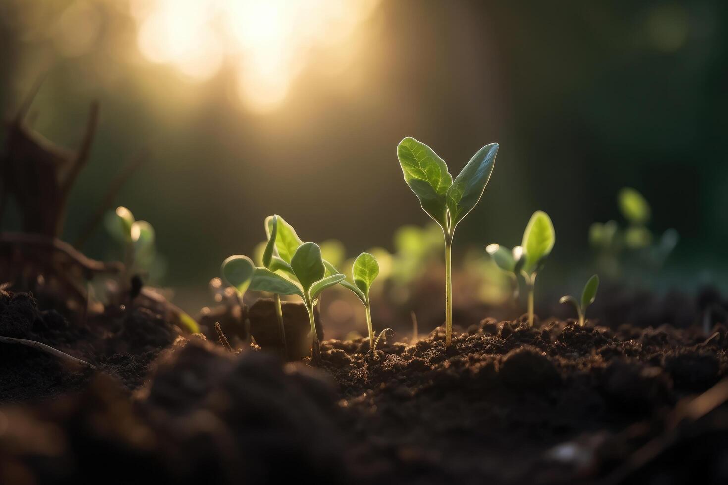 vert semis illustrant concept de Nouveau la vie dans de bonne heure étape de vie, développement usine, Jeune plante avec une sol toile de fond, ai généré photo