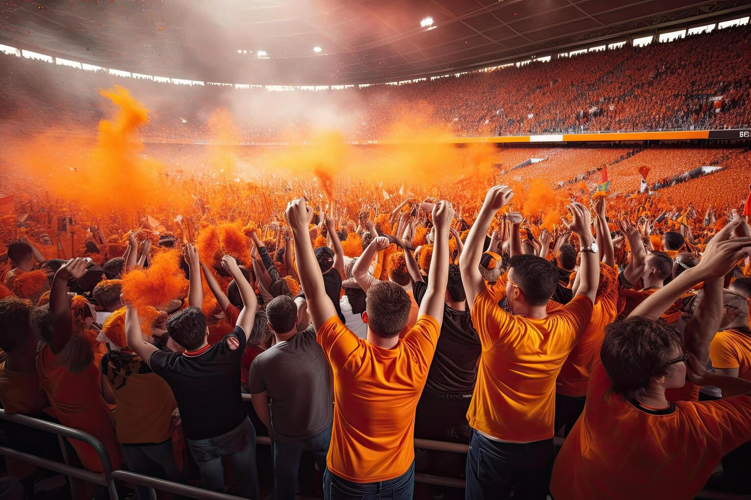 Football Ventilateurs dans Orange t-shirts à le des stands de le stade, Ventilateurs célébrer et applaudissement à l'intérieur une stade, ai généré photo