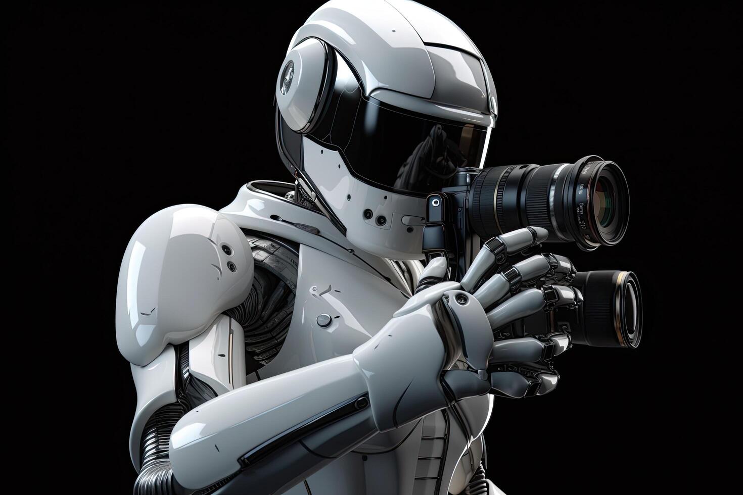robot humanoïde avec caméra isolé sur noir Contexte. 3d le rendu. futuriste ai robot photographe, modèle acteur Faire une séance photo, ai généré photo