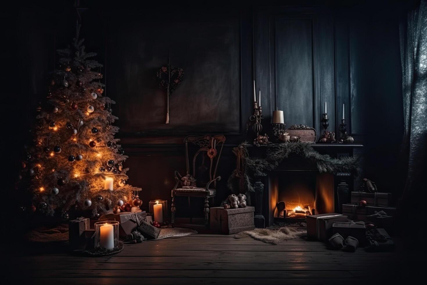 Noël intérieur avec une Noël arbre, cheminée et cadeaux sur une en bois sol. intérieur Noël la magie embrasé arbre cheminée, ai généré photo