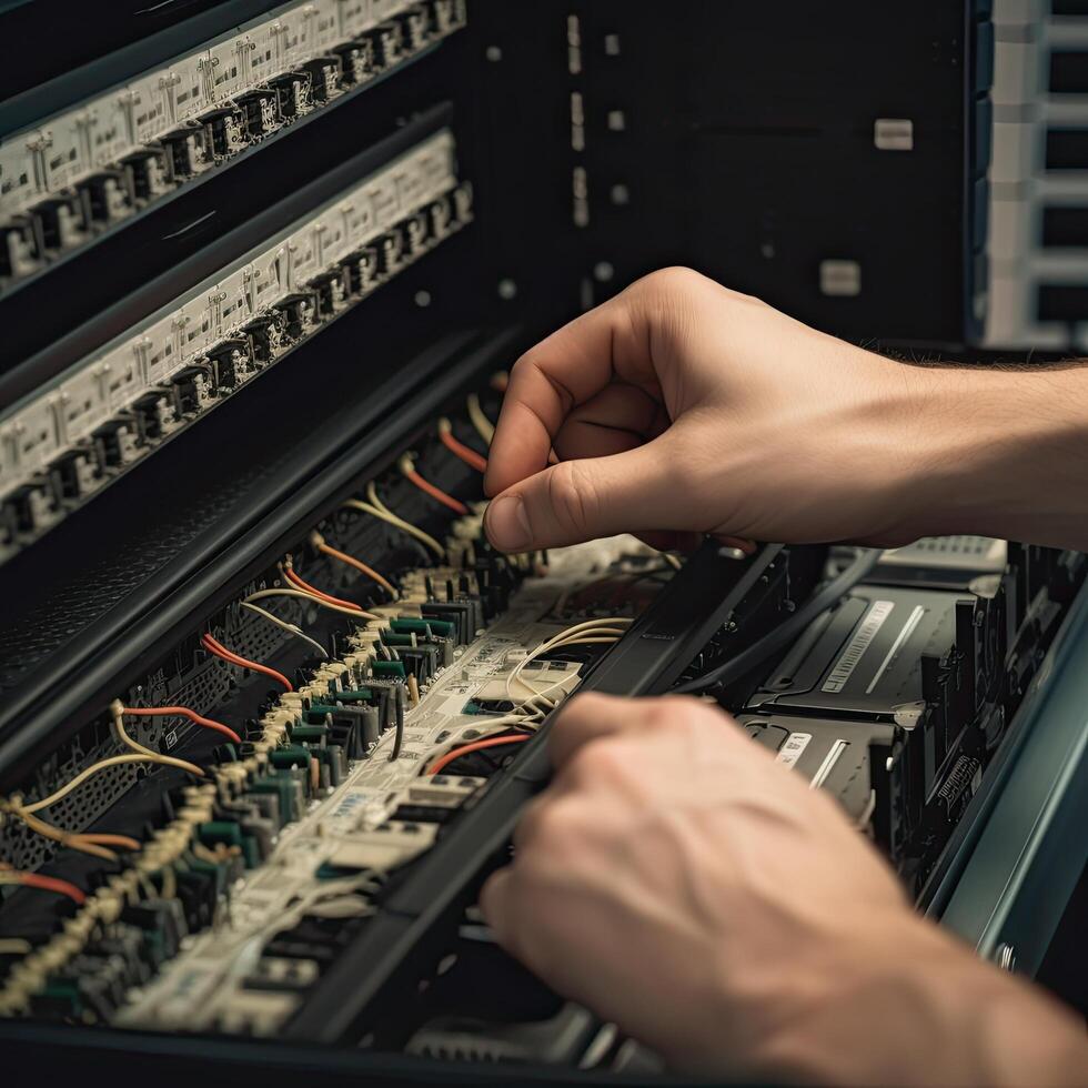 proche en haut de mains de technicien réparer les serveurs dans Les données centre. il ingénieur mains proche en haut coup installation fibre câble, ai généré photo