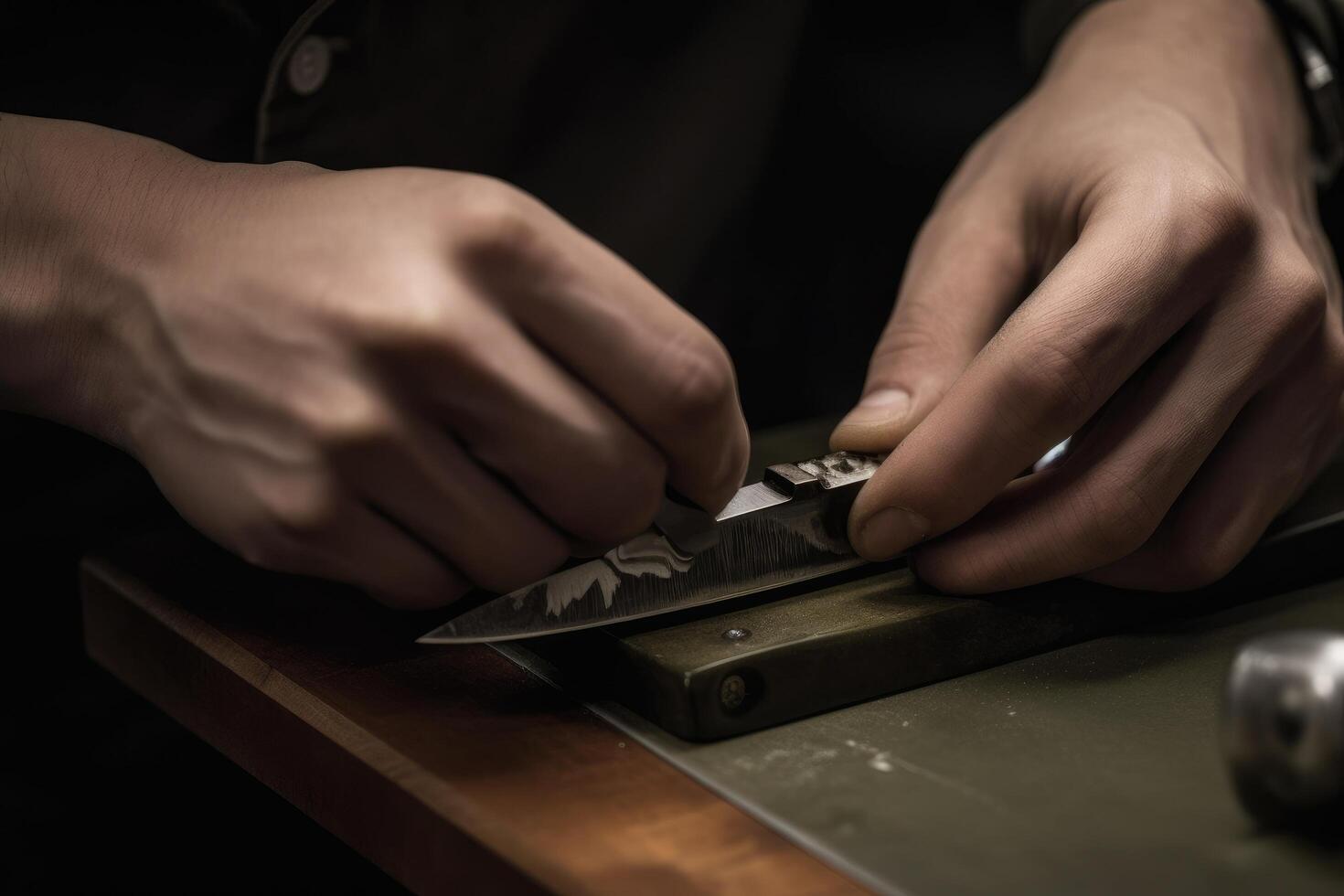 fermer de une mans mains affûtage une couteau dans une atelier, couteau affûtage, ai généré photo