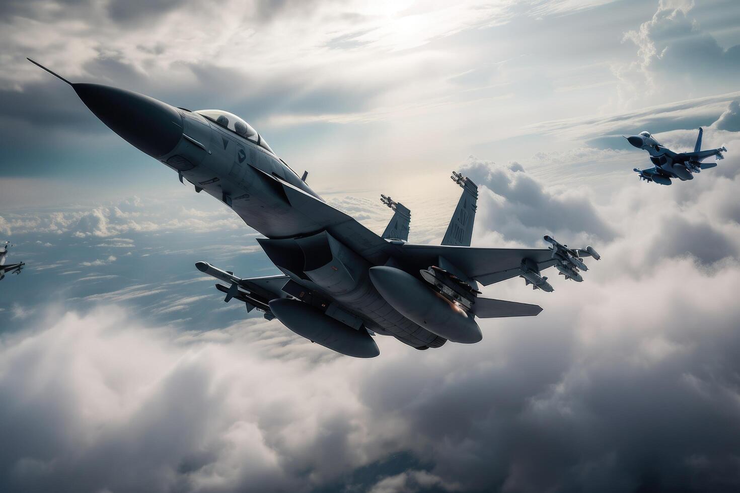 combattant jet combattant dans le nuageux ciel. 3d le rendu, militaire combattant jets en volant dans le ciel sur une champ de bataille, ai généré photo