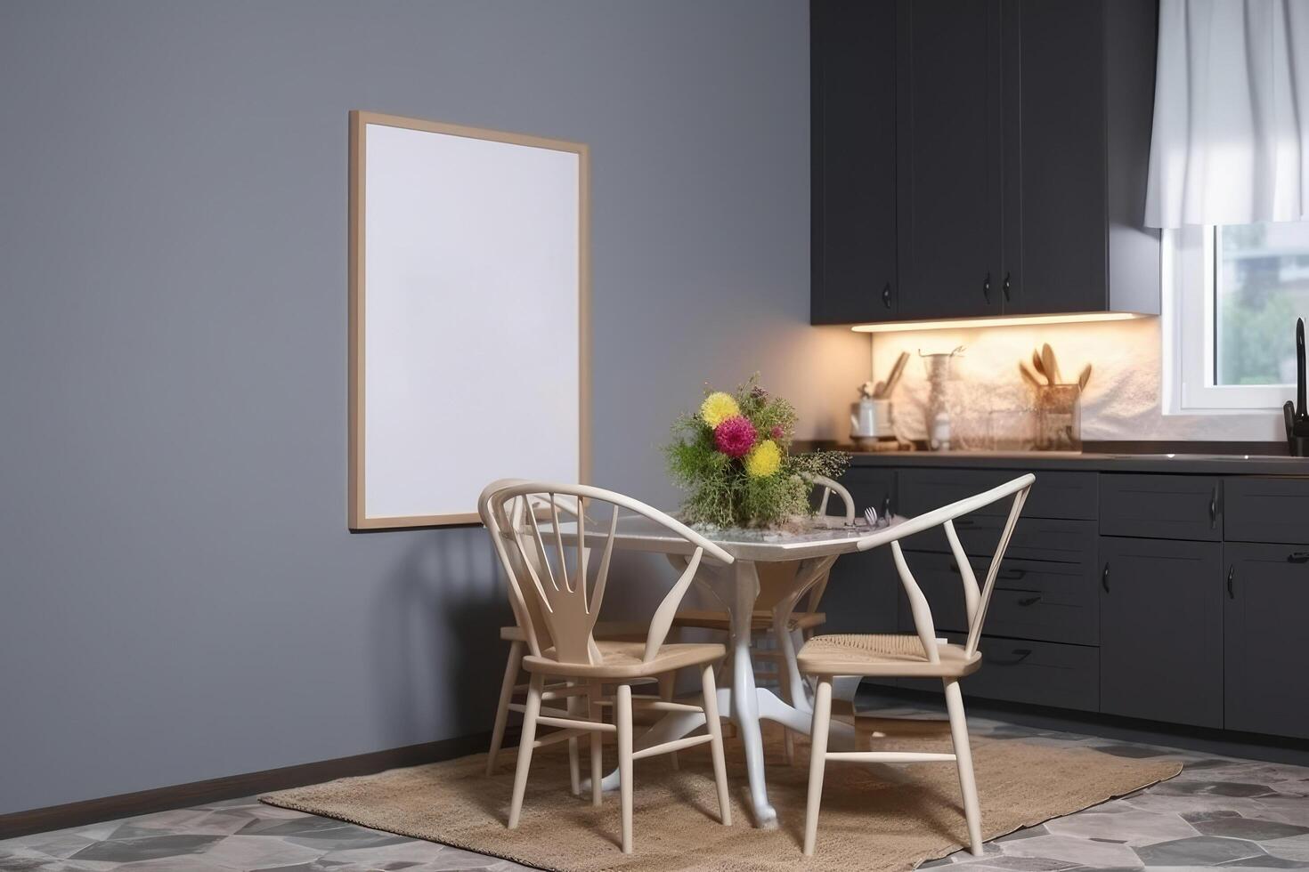 intérieur de moderne cuisine avec en bois table et chaises. moquer en haut affiche, maquette affiche Cadre sur le mur de le à manger chambre, ai généré photo