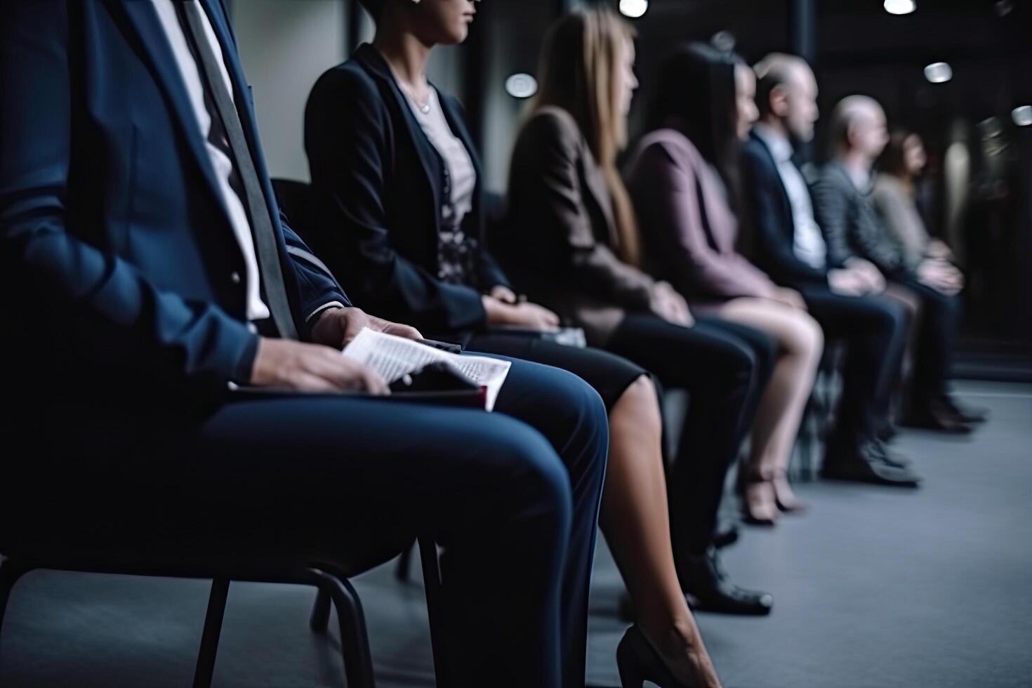 tondu coup de hommes d'affaires attendre pour emploi entretien dans conférence entrée, gens sans pour autant visages et fermer vues attendre pour un entretien, ai généré photo