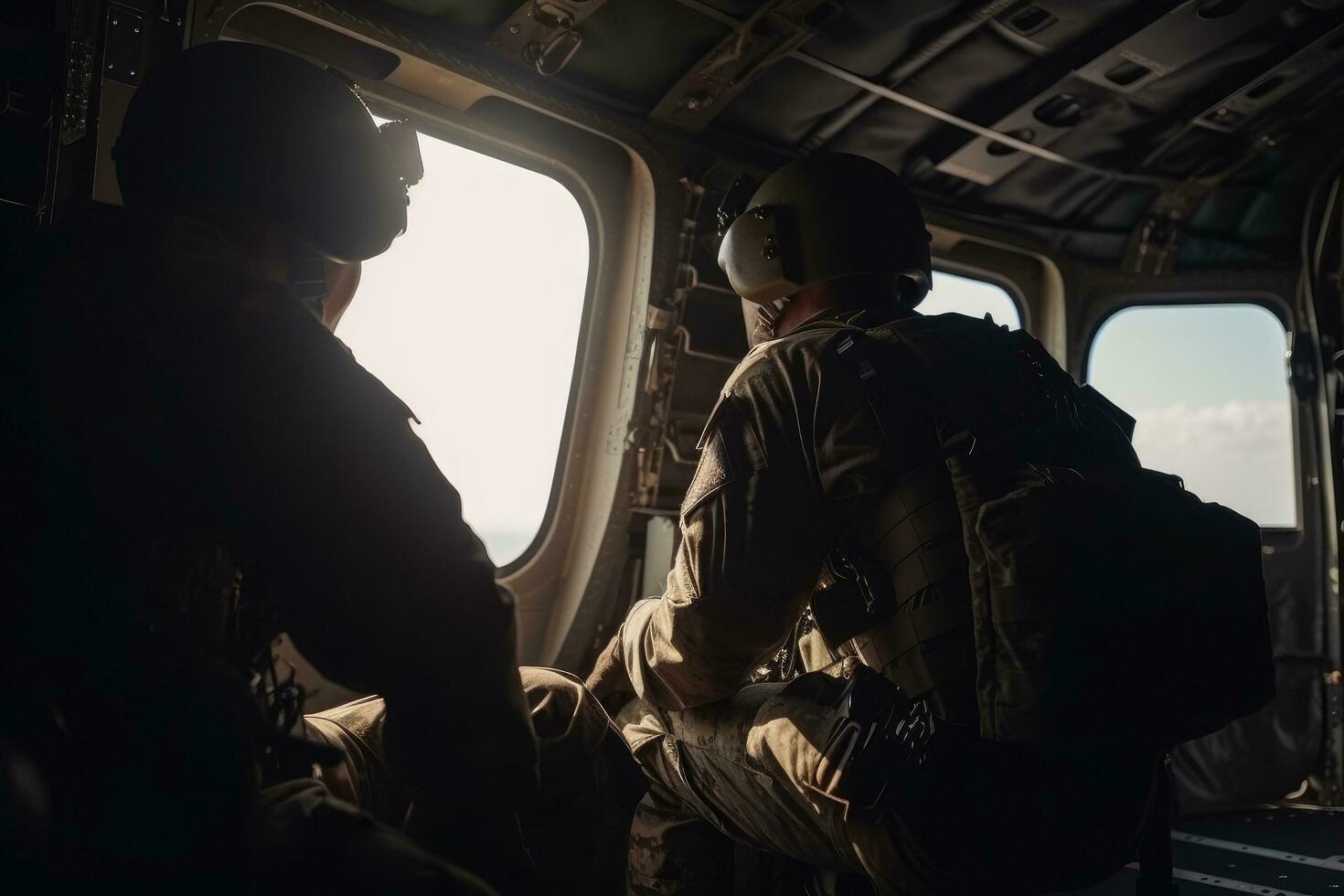 uni États air Obliger usaf spécial les forces soldats dans une hélicoptère poste de pilotage, para commando militaire soldats sont attendre dans le avion, ai généré photo