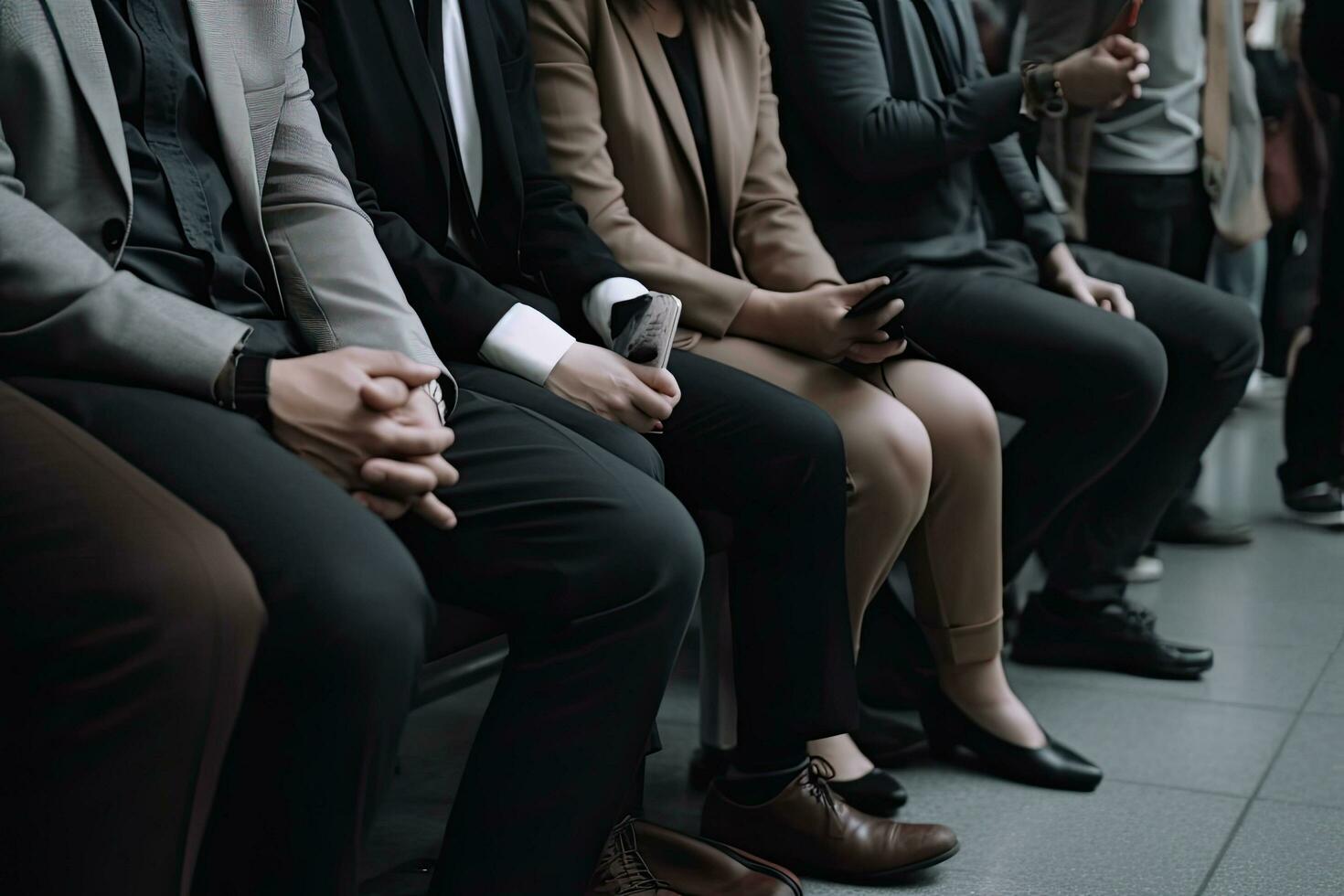 groupe de affaires gens attendre pour emploi entretien. sélectif se concentrer. gens sans pour autant visages et fermer vues attendre pour un entretien, ai généré photo